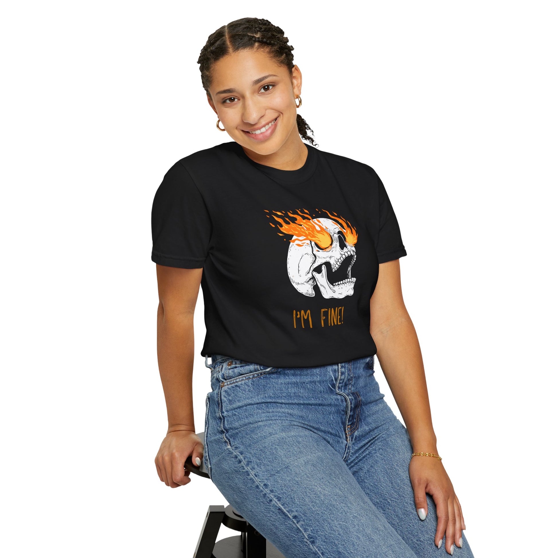 Funny Skull Art Unisex T-Shirt - Im Fine, sarcasm, silly, on fire