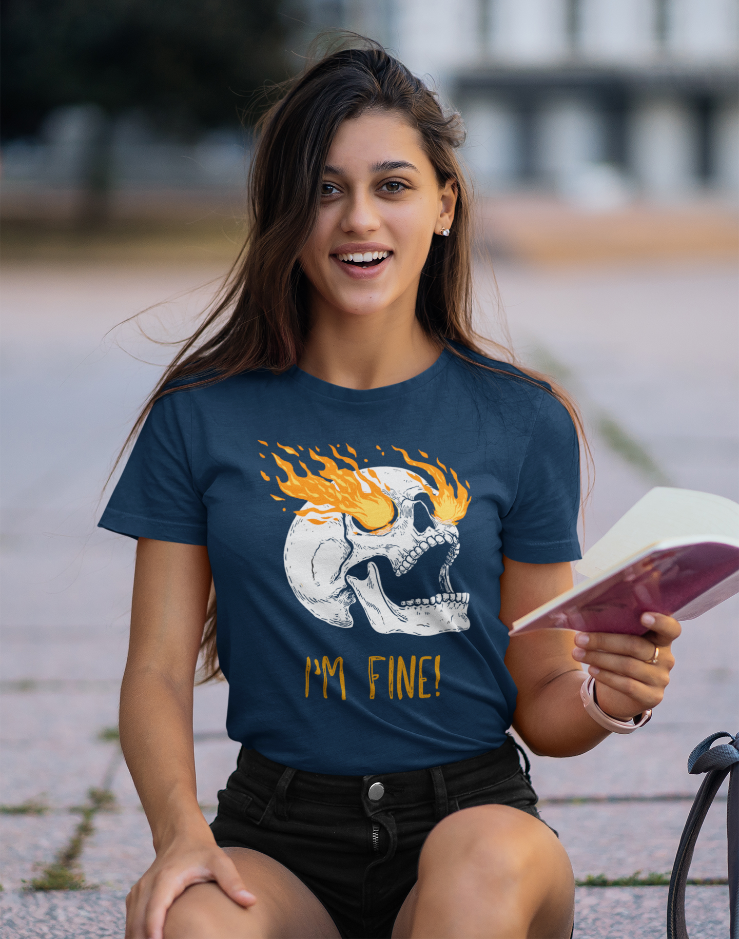 Funny Skull Art Unisex T-Shirt - Im Fine, sarcasm, silly, on fire