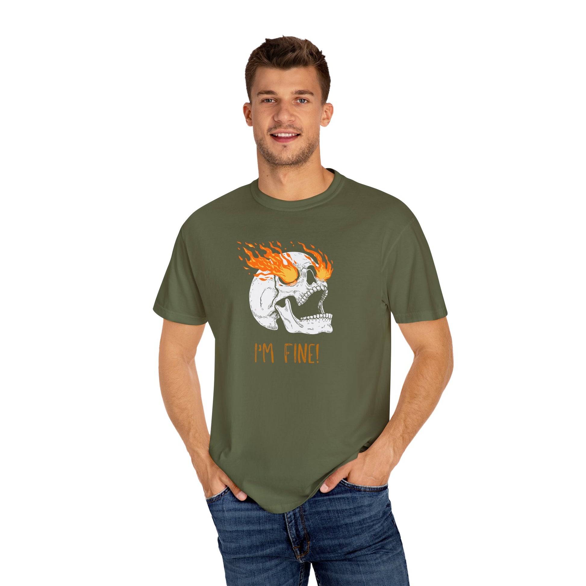 Funny Skull Art Unisex T-Shirt - Im Fine, sarcasm, silly, on fire