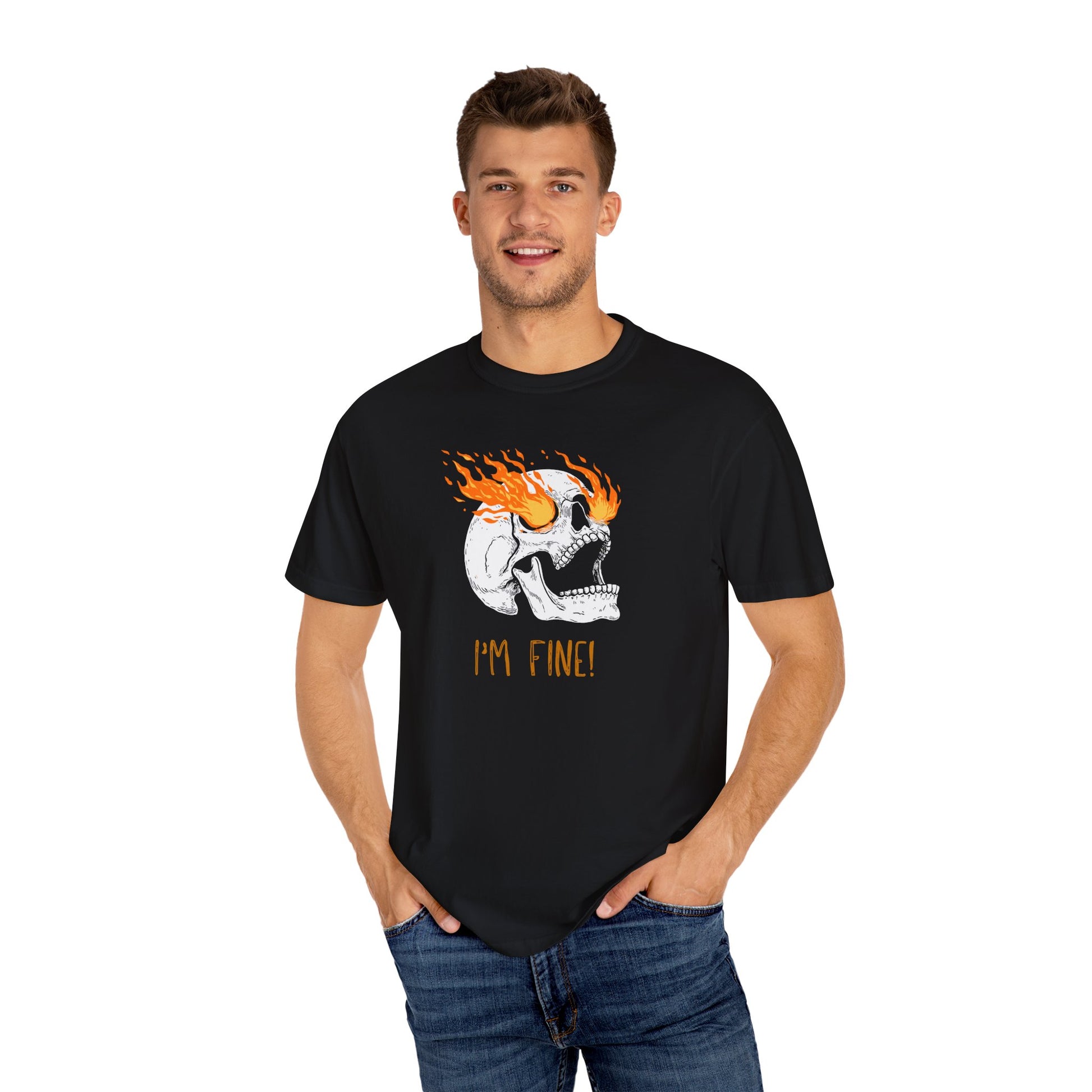 Funny Skull Art Unisex T-Shirt - Im Fine, sarcasm, silly, on fire