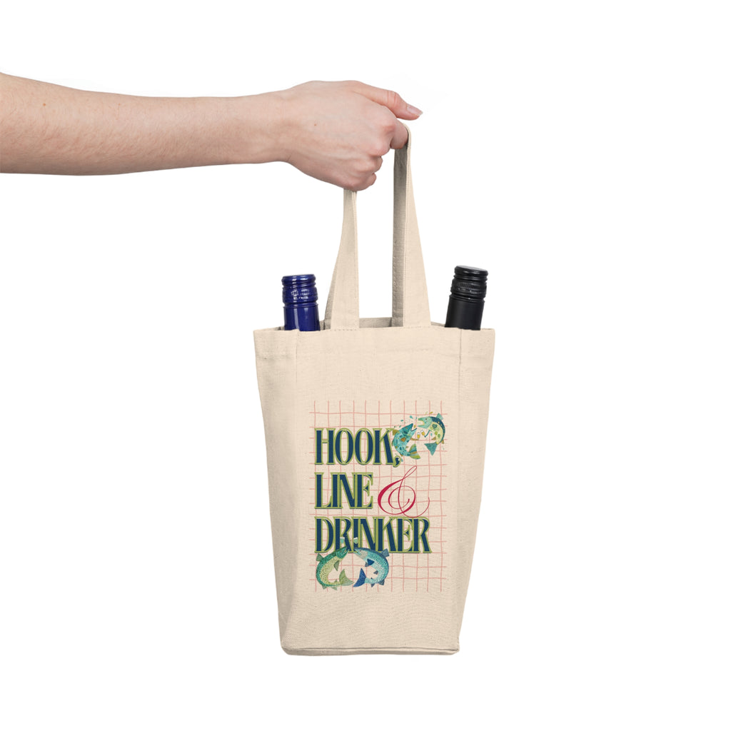 Double Wine Tote Bag — "Hook, Line & Drinker" Beach Fishing Wine Carrier