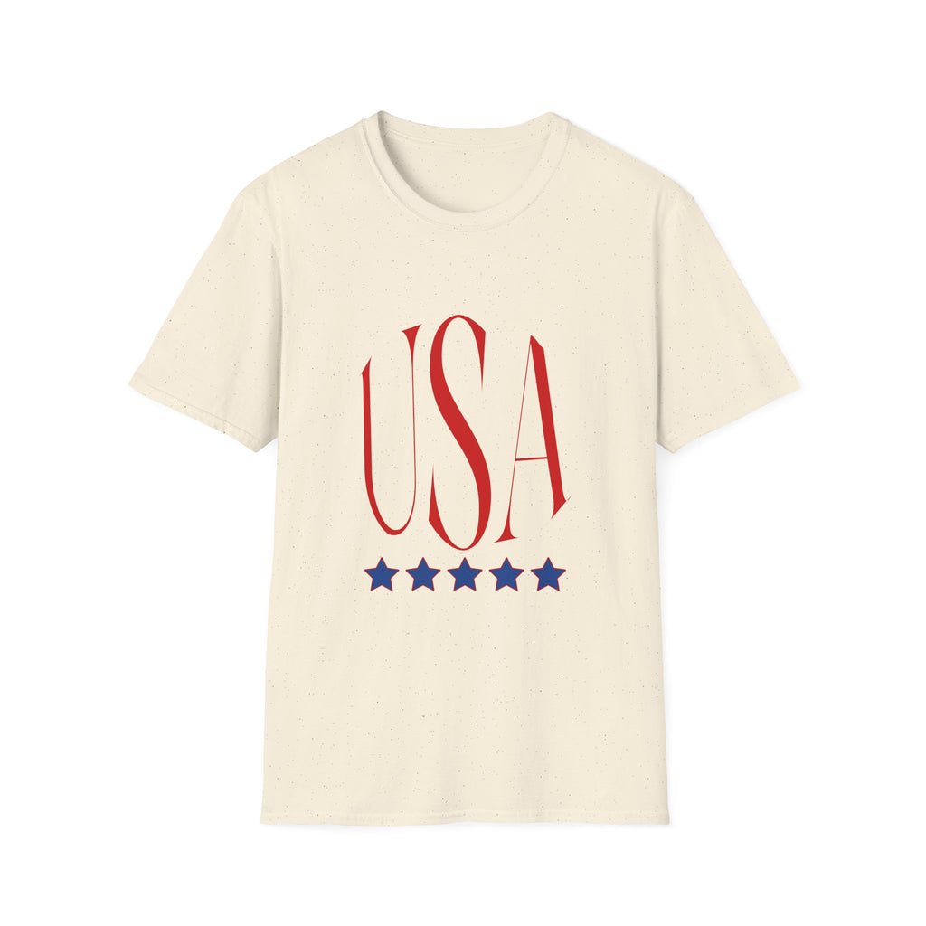 USA Patriotic T-Shirt — Red Script Logo with Five Blue Stars