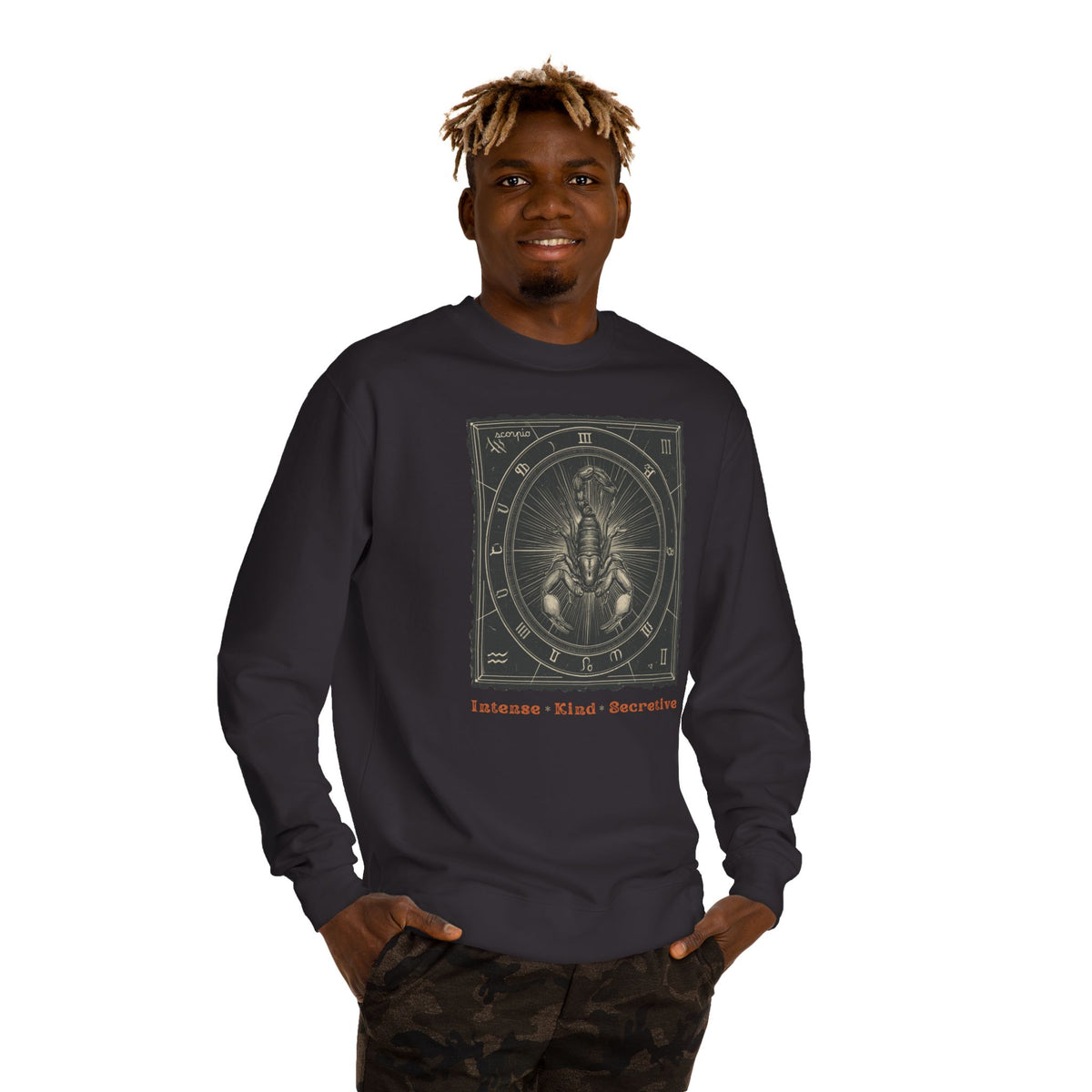 Vintage inspired Horoscope for Scorpio Sweatshirt — Intense • Kind • Secretive Giftable Zodiac crew unisex sweatshirt