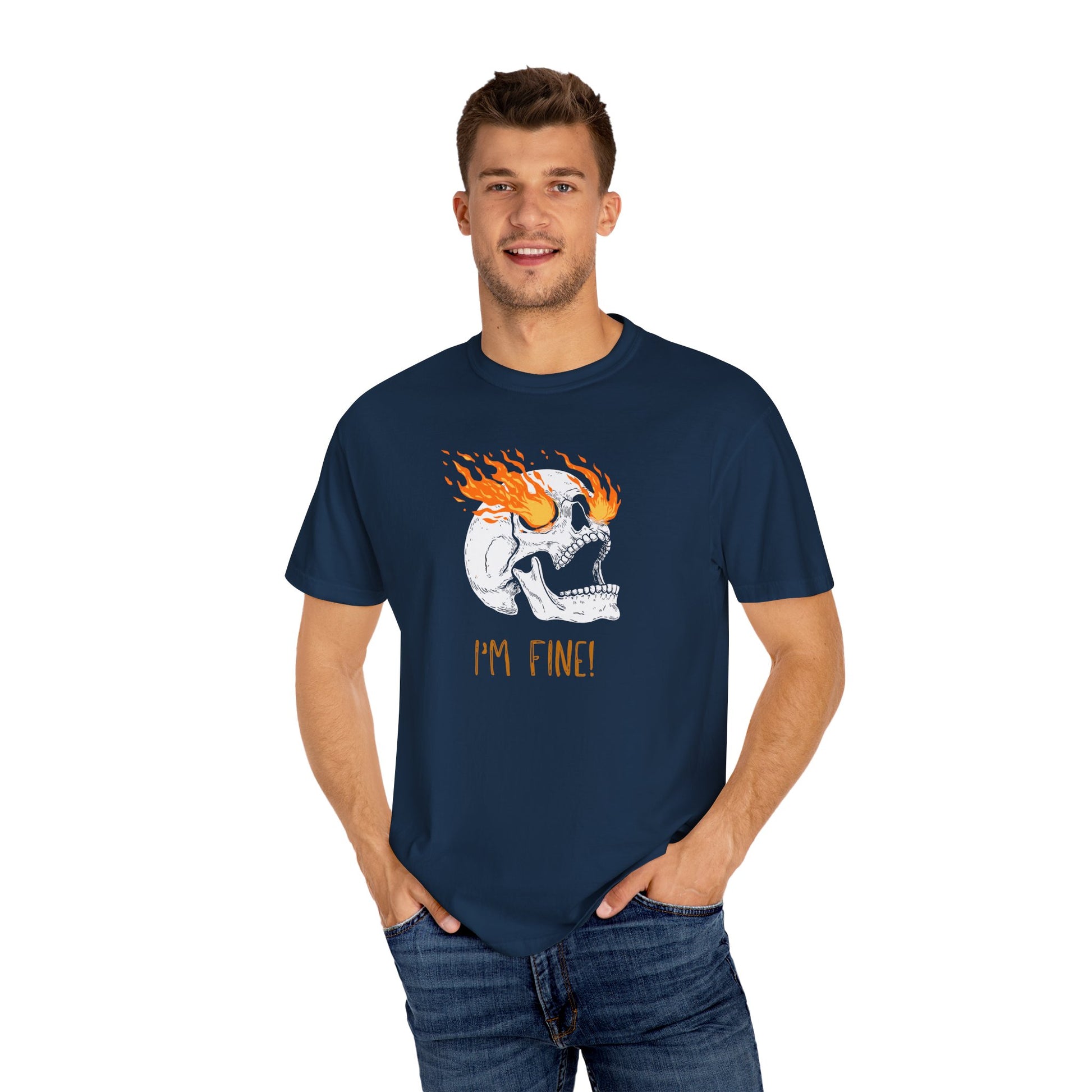 Funny Skull Art Unisex T-Shirt - Im Fine, sarcasm, silly, on fire
