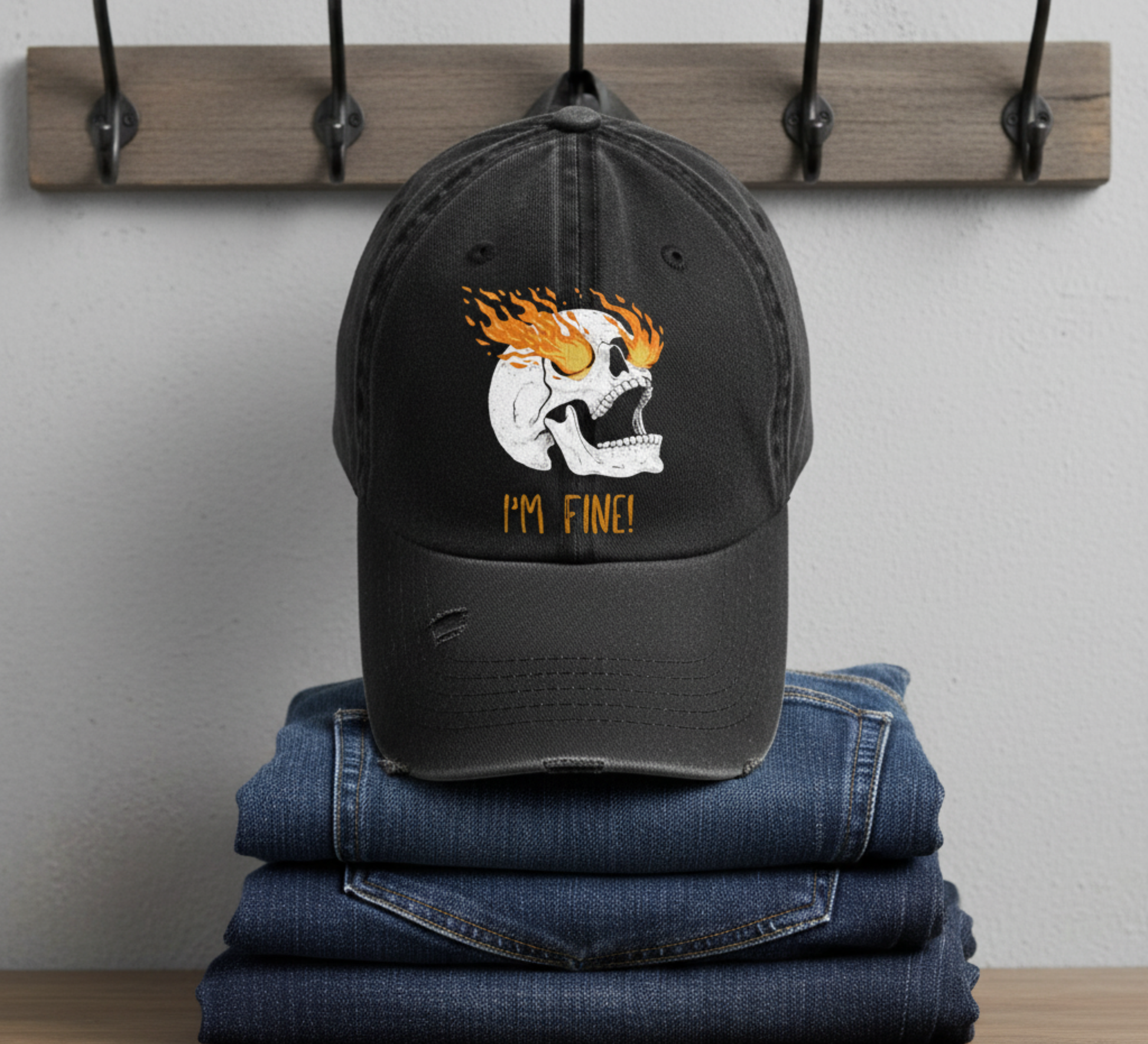 Boho inspired ball cap for casual fun Flaming Skull 'I'm Fine' gifting for unique giving workout wear women's hat