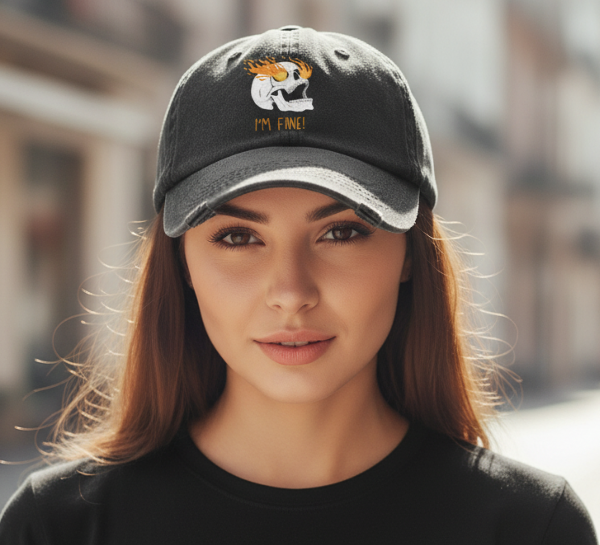 Boho inspired ball cap for casual fun Flaming Skull 'I'm Fine' gifting for unique giving workout wear women's hat