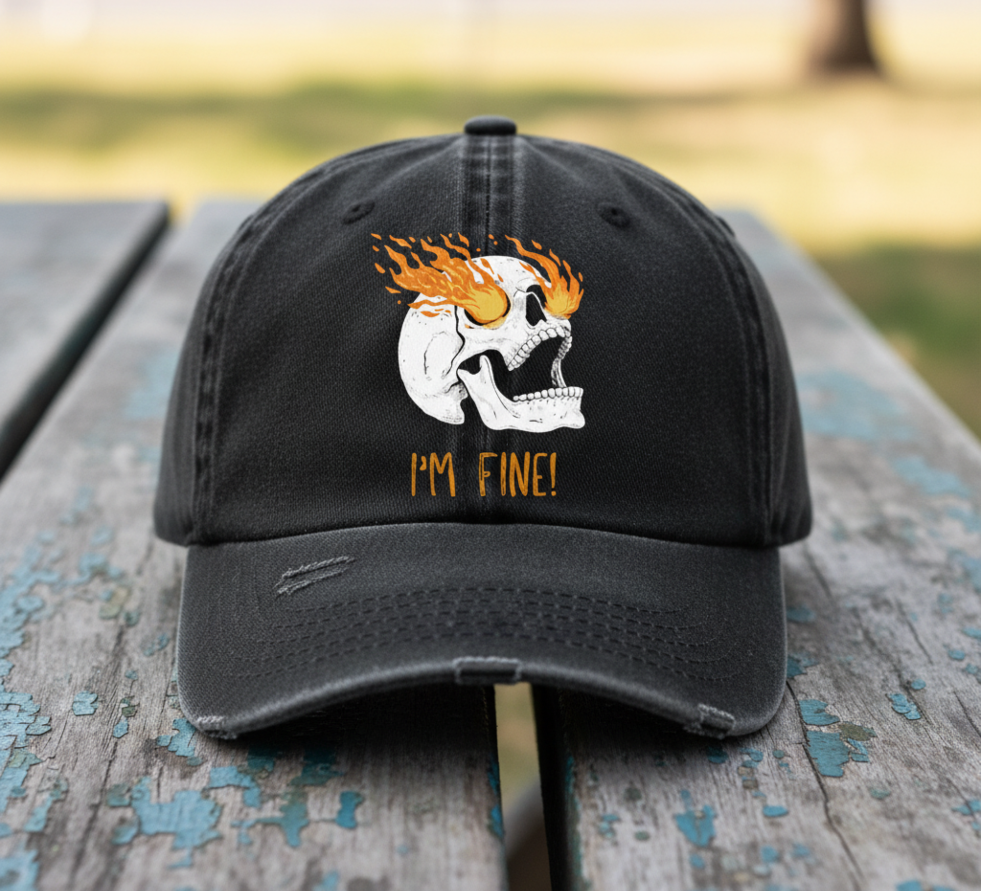 Boho inspired ball cap for casual fun Flaming Skull 'I'm Fine' gifting for unique giving workout wear women's hat