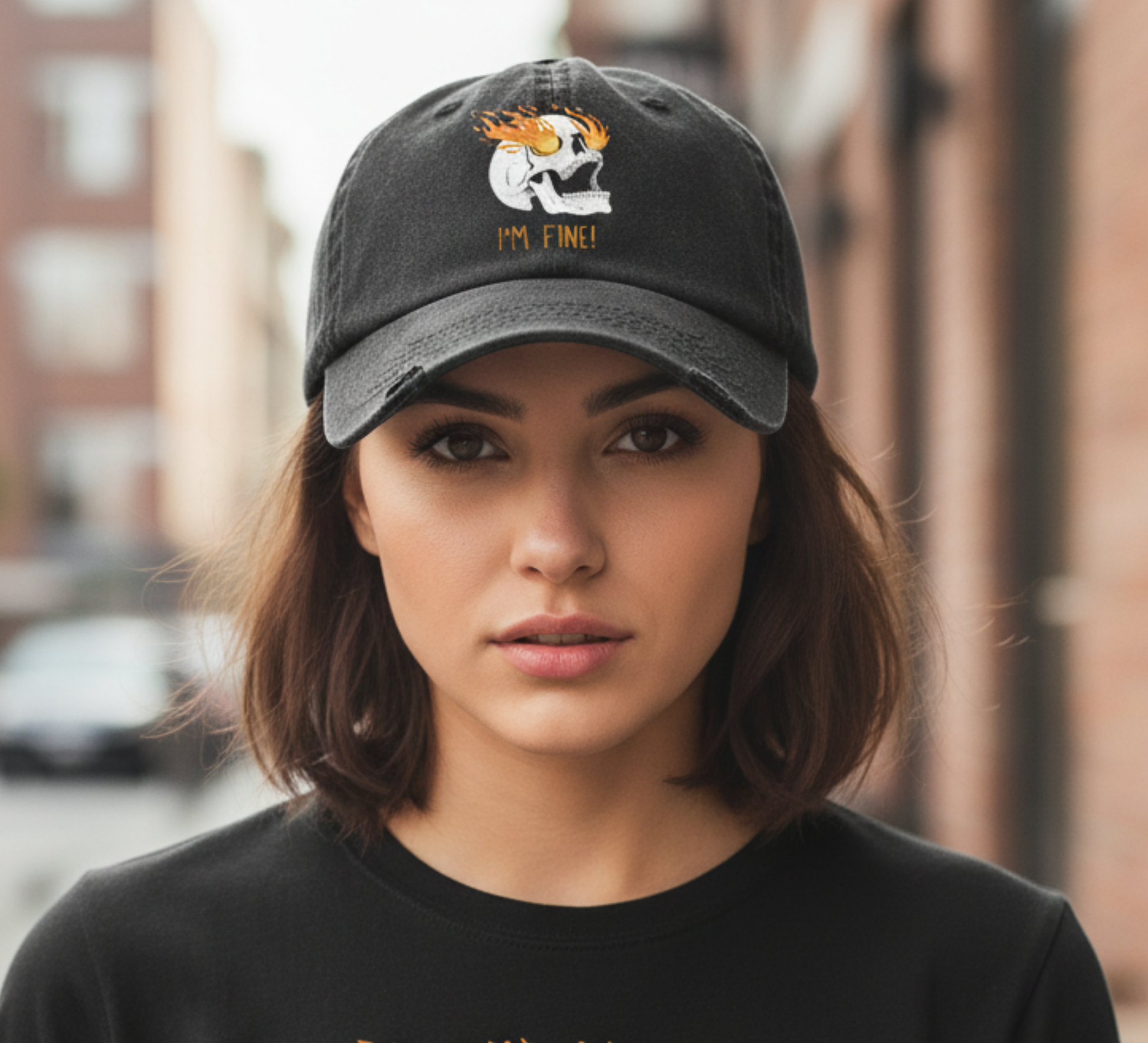 Boho inspired ball cap for casual fun Flaming Skull 'I'm Fine' gifting for unique giving workout wear women's hat