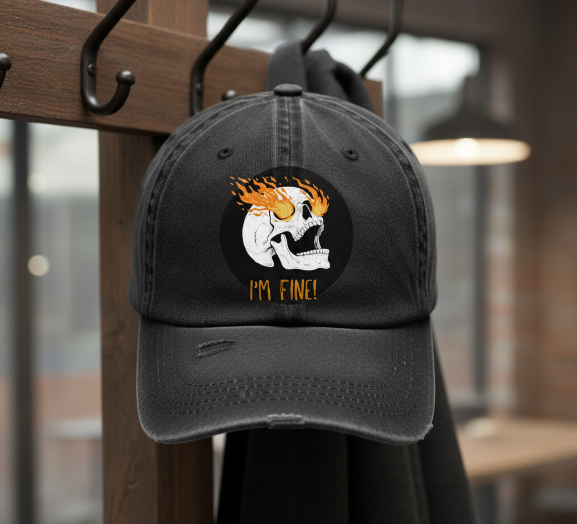 Boho inspired ball cap for casual fun Flaming Skull 'I'm Fine' gifting for unique giving workout wear women's hat