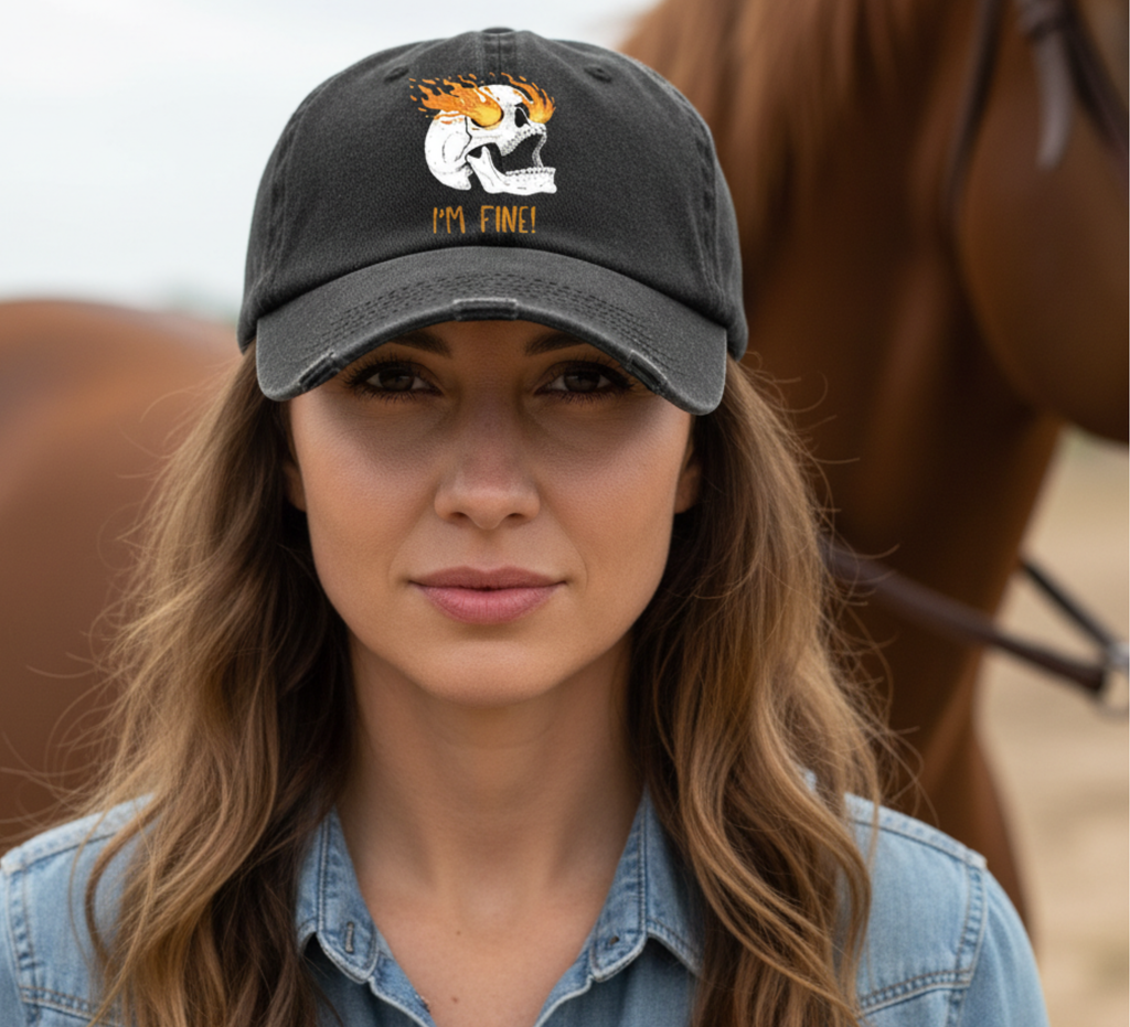 Boho inspired ball cap for casual fun Flaming Skull 'I'm Fine' gifting for unique giving workout wear women's hat