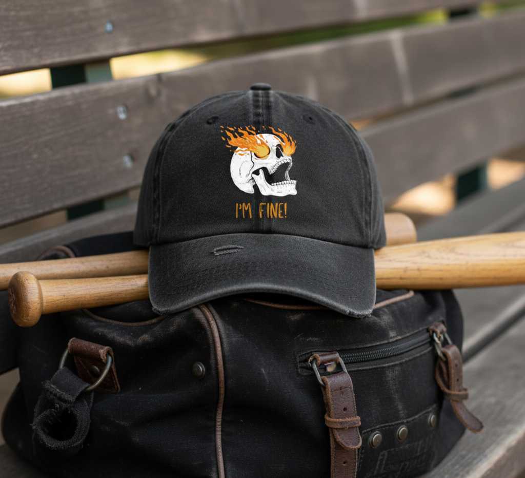 Boho inspired ball cap for casual fun Flaming Skull 'I'm Fine' gifting for unique giving workout wear women's hat