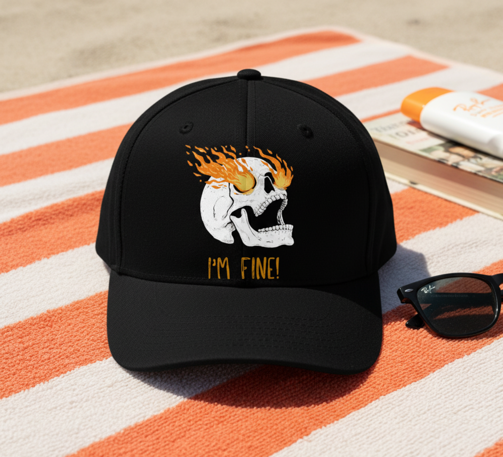 Boho inspired ball cap for casual fun Flaming Skull 'I'm Fine' gifting for unique giving workout wear women's hat