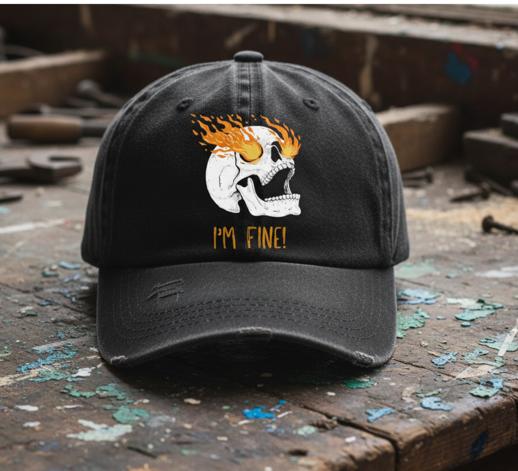 Boho inspired ball cap for casual fun Flaming Skull 'I'm Fine' gifting for unique giving workout wear women's hat