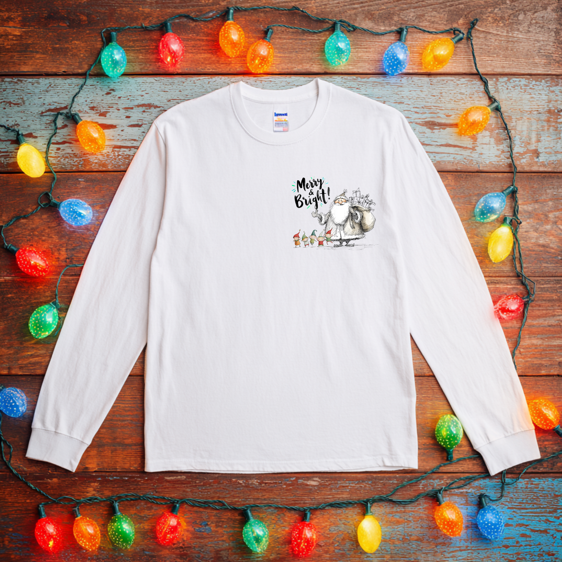 Merry and Bright Santa and his elves long sleeve knit shirt fun pocket design jolly and fun holiday casual wear