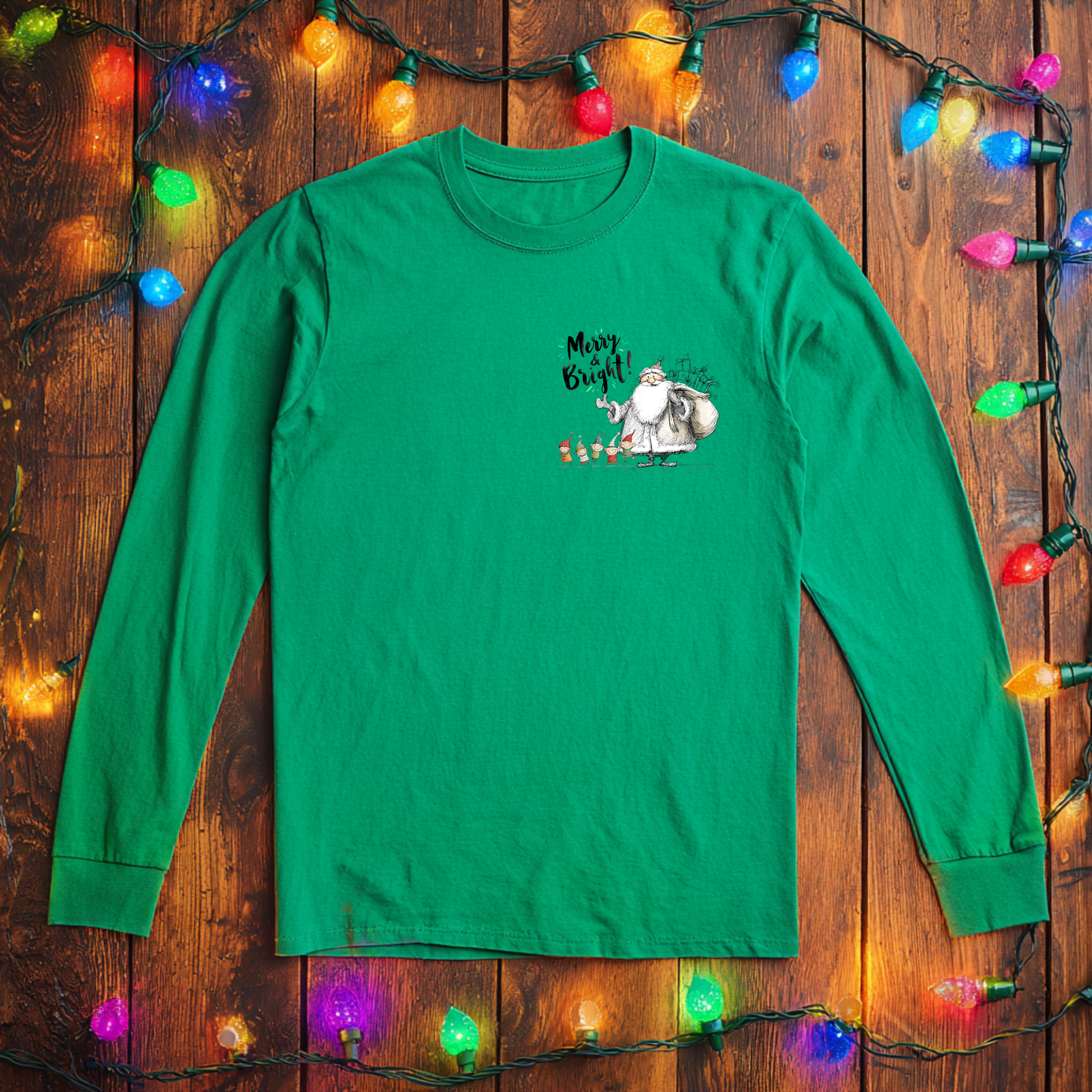 Merry and Bright Santa and his elves long sleeve knit shirt fun pocket design jolly and fun holiday casual wear