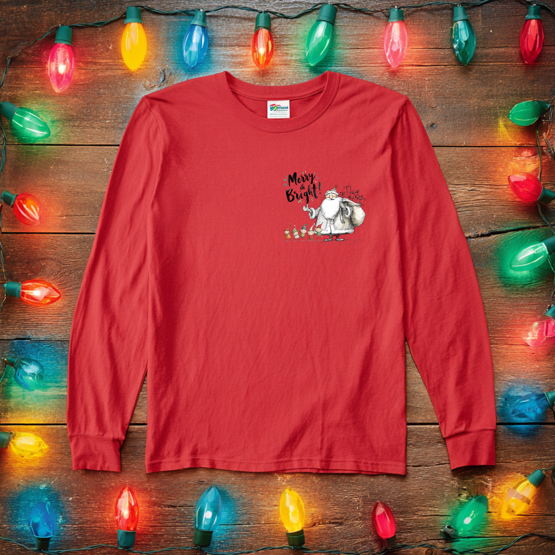 Merry and Bright Santa and his elves long sleeve knit shirt fun pocket design jolly and fun holiday casual wear