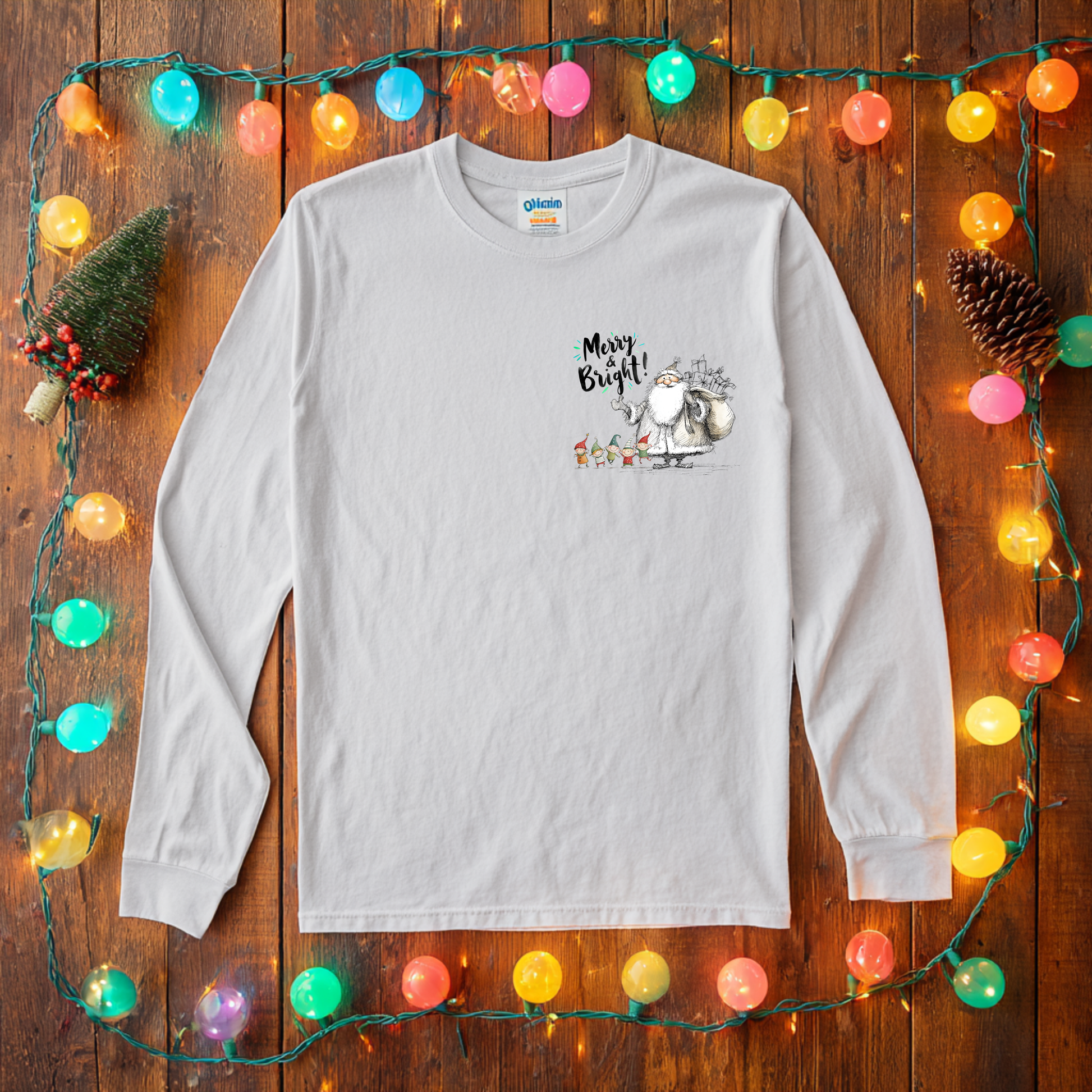 Merry and Bright Santa and his elves long sleeve knit shirt fun pocket design jolly and fun holiday casual wear