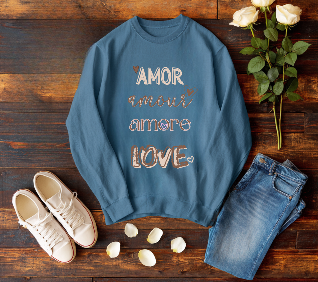 Multilingual Crewneck Sweatshirt wear your love in this garment dyed relax sweatshirt gift giving, Valentines mothers day sweetest day best friends