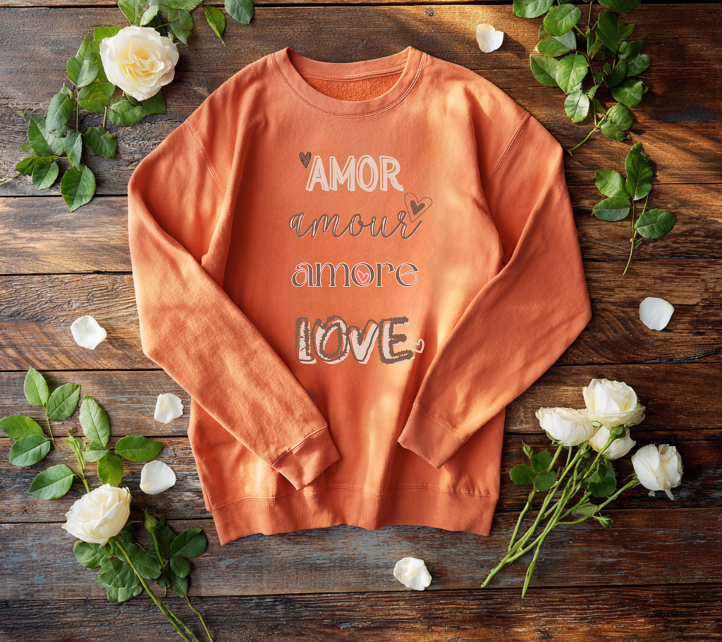 Multilingual Crewneck Sweatshirt wear your love in this garment dyed relax sweatshirt gift giving, Valentines mothers day sweetest day best friends