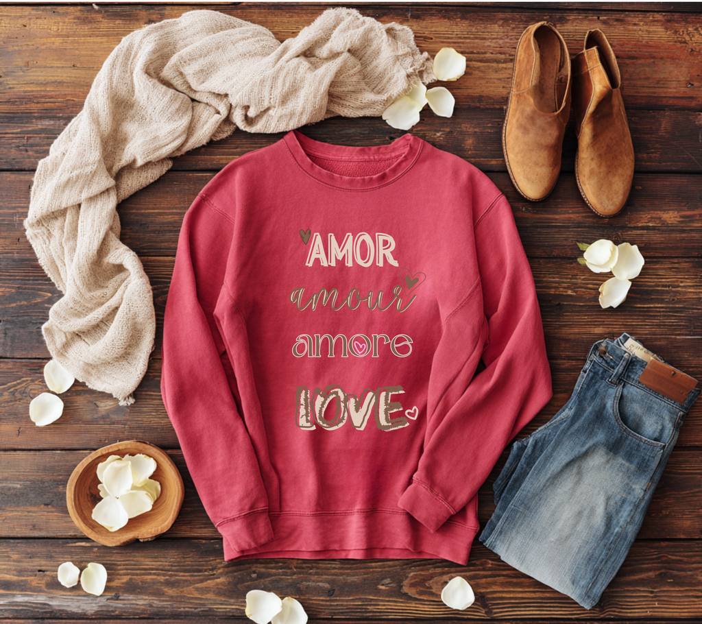 Multilingual Crewneck Sweatshirt wear your love in this garment dyed relax sweatshirt gift giving, Valentines mothers day sweetest day best friends