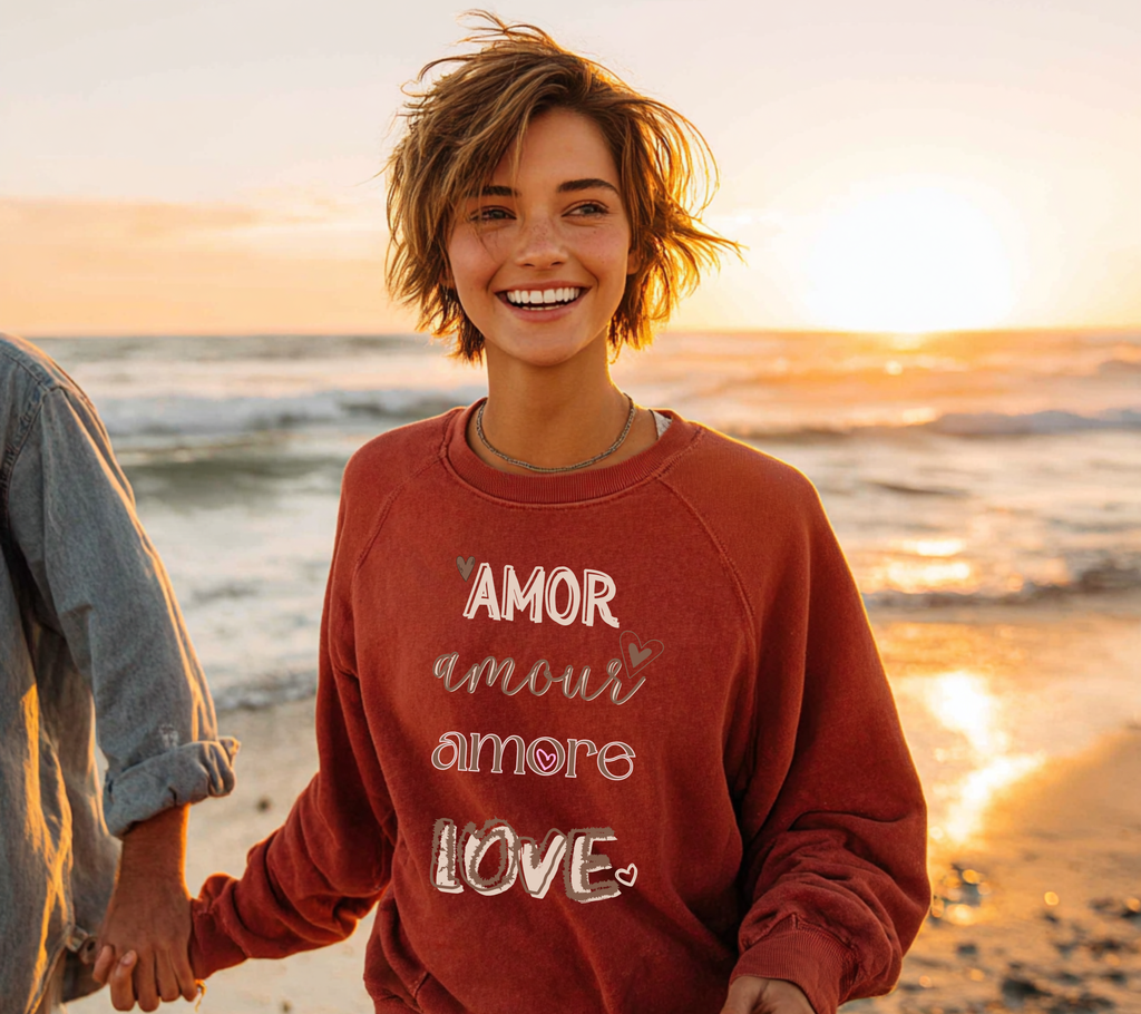 Multilingual Crewneck Sweatshirt wear your love in this garment dyed relax sweatshirt gift giving, Valentines mothers day sweetest day best friends