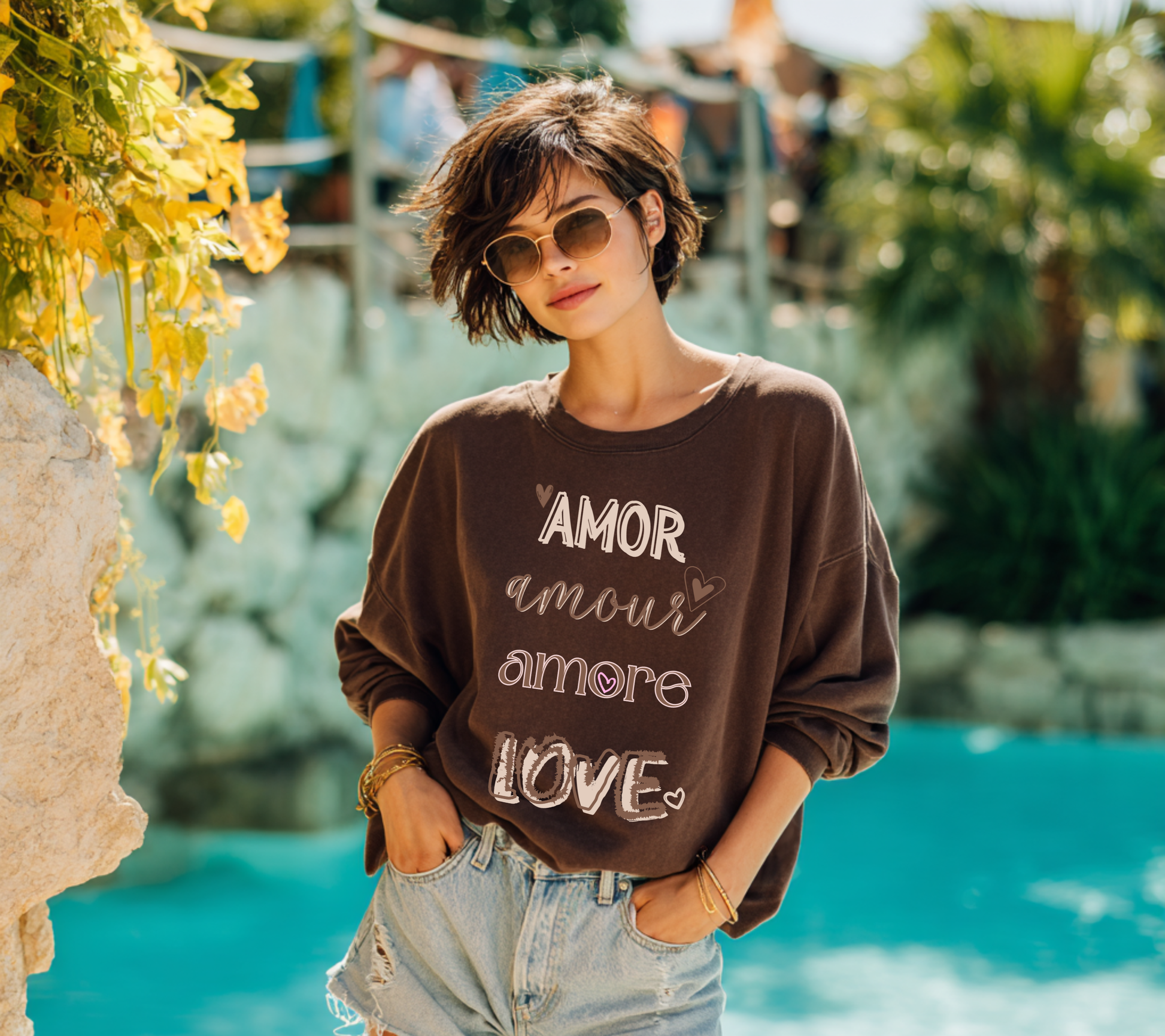 Multilingual Crewneck Sweatshirt wear your love in this garment dyed relax sweatshirt gift giving, Valentines mothers day sweetest day best friends
