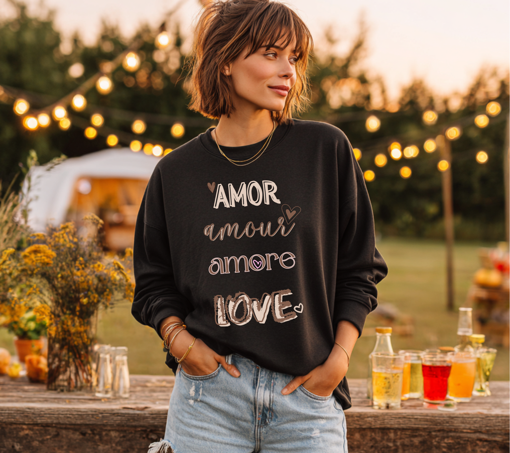 Multilingual Crewneck Sweatshirt wear your love in this garment dyed relax sweatshirt gift giving, Valentines mothers day sweetest day best friends