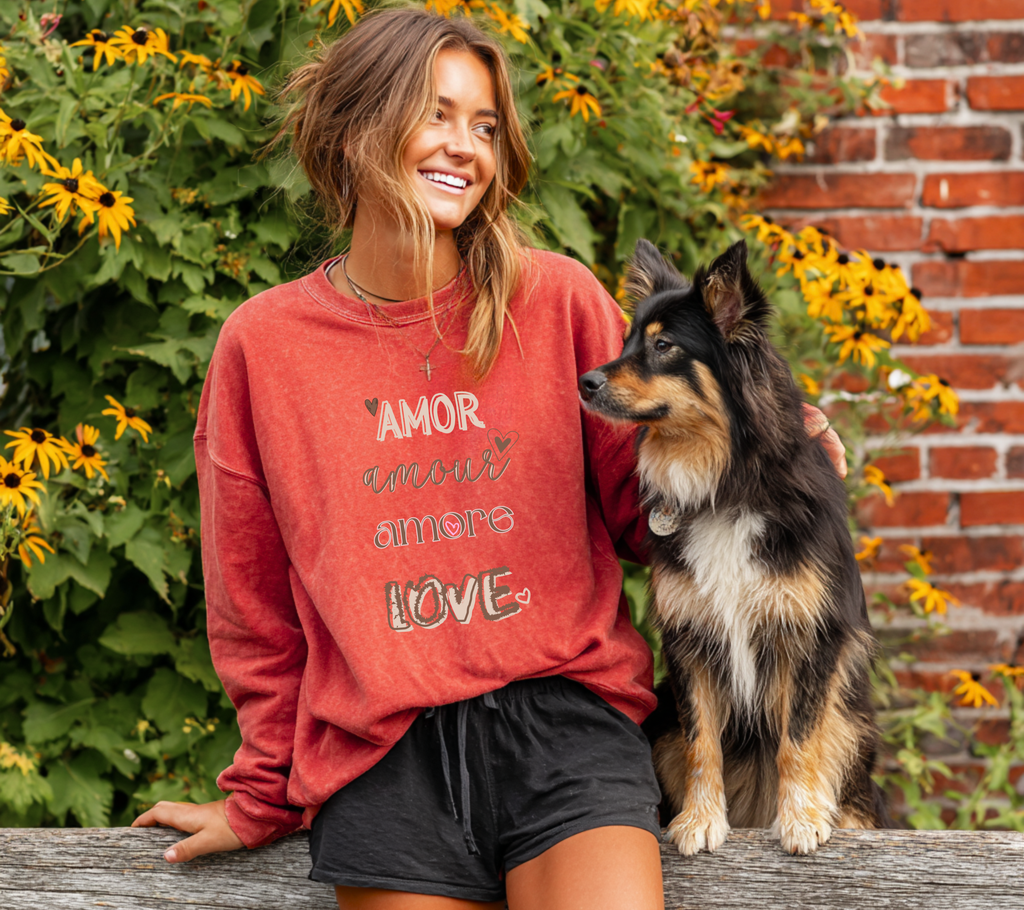 Multilingual Crewneck Sweatshirt wear your love in this garment dyed relax sweatshirt gift giving, Valentines mothers day sweetest day best friends