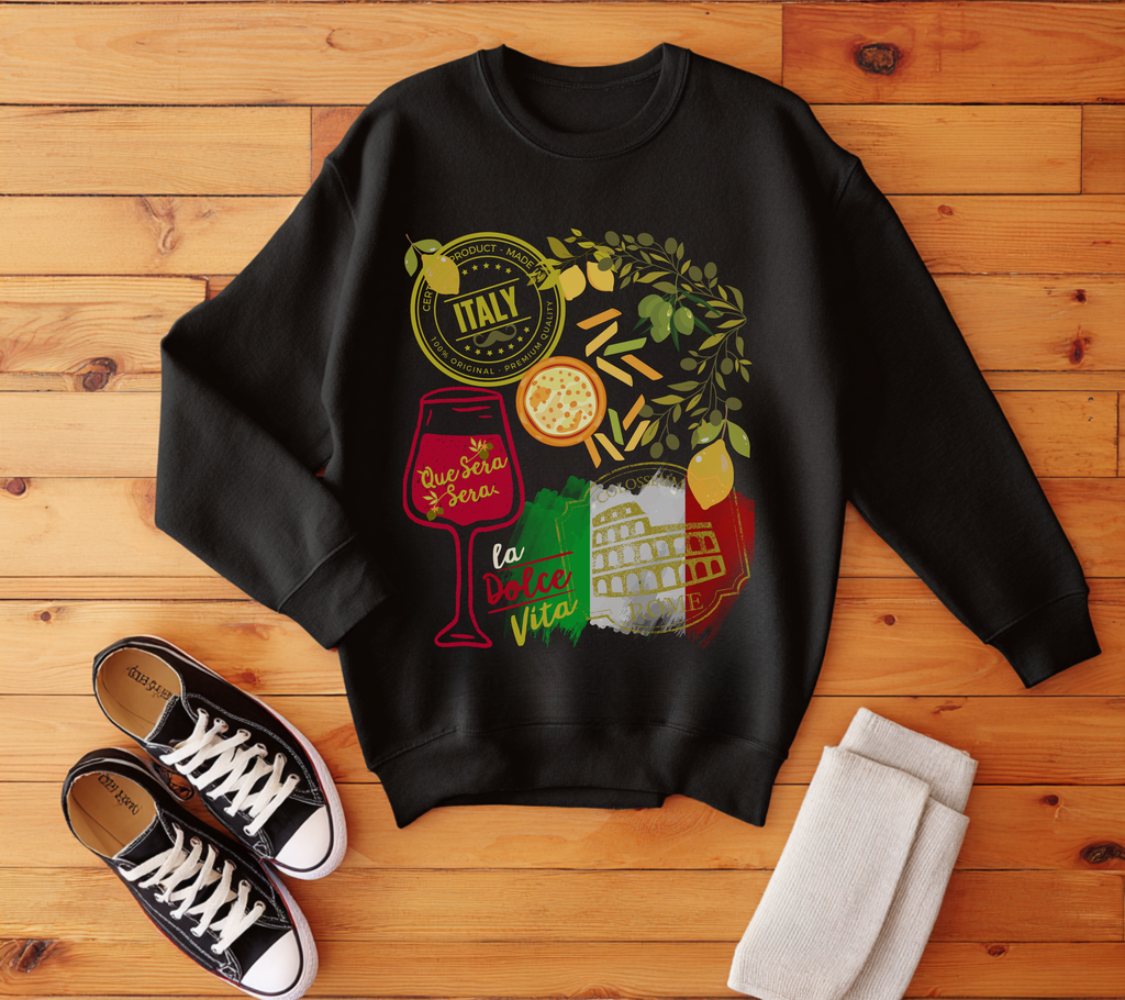Italy Travel Crewneck Sweatshirt — La Dolce Vita Pizza & Wine Graphic Design Giftable Sweatshirt