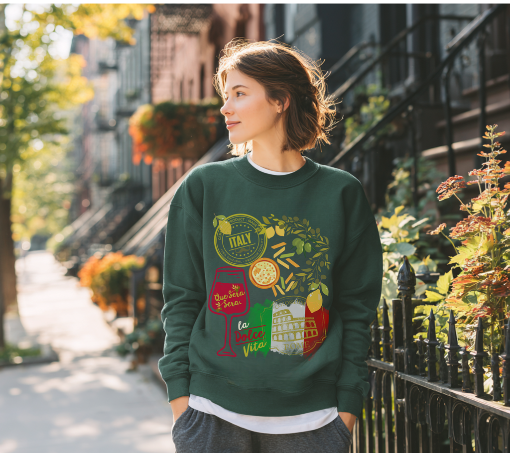 Italy Travel Crewneck Sweatshirt — La Dolce Vita Pizza & Wine Graphic Design Giftable Sweatshirt