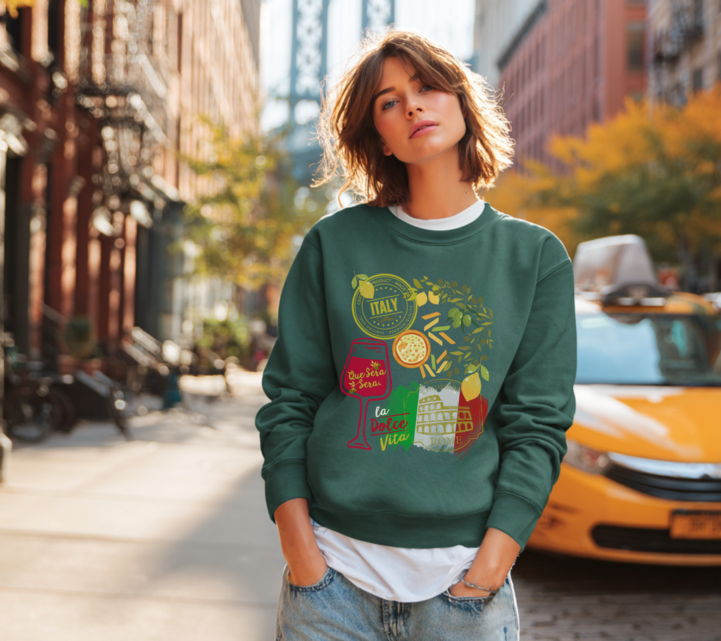 Italy Travel Crewneck Sweatshirt — La Dolce Vita Pizza & Wine Graphic Design Giftable Sweatshirt