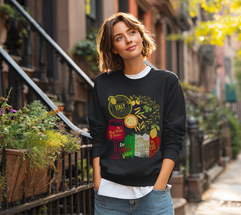 Italy Travel Crewneck Sweatshirt — La Dolce Vita Pizza & Wine Graphic Design Giftable Sweatshirt