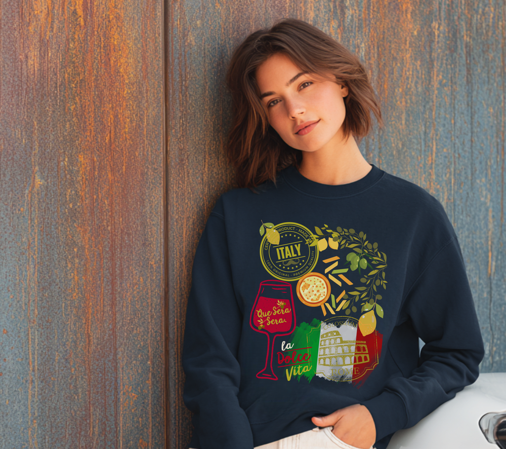 Italy Travel Crewneck Sweatshirt — La Dolce Vita Pizza & Wine Graphic Design Giftable Sweatshirt