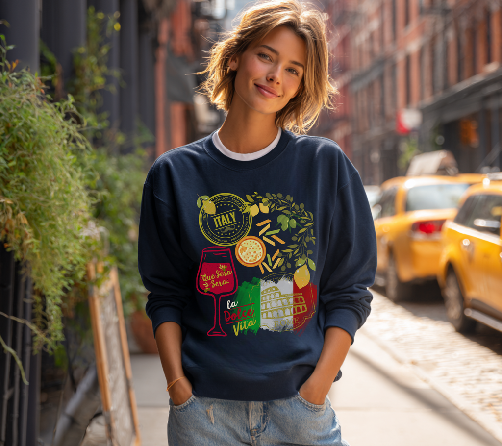 Italy Travel Crewneck Sweatshirt — La Dolce Vita Pizza & Wine Graphic Design Giftable Sweatshirt