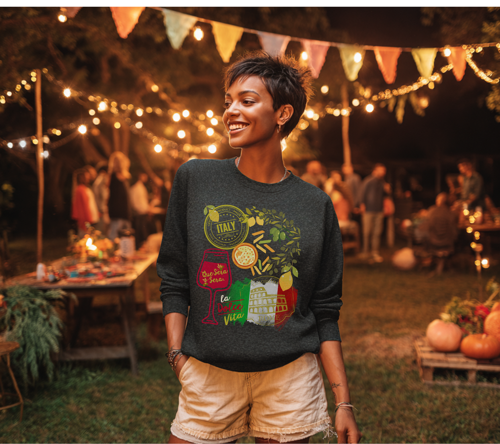 Italy Travel Crewneck Sweatshirt — La Dolce Vita Pizza & Wine Graphic Design Giftable Sweatshirt