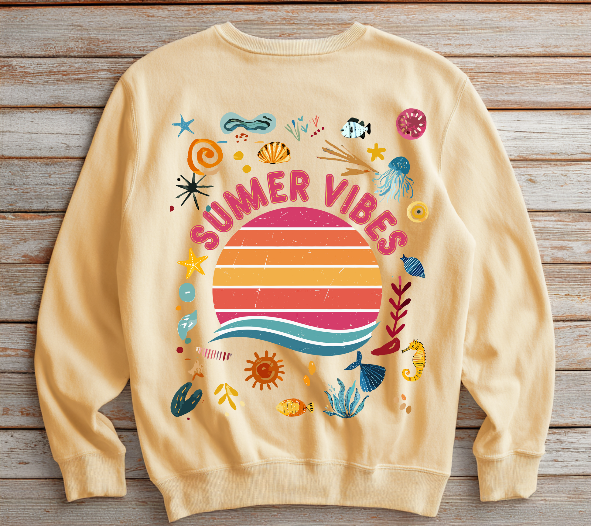 Summer Vibes Sweatshirt Happy design Retro inspired Sunset Graphic Crewneck