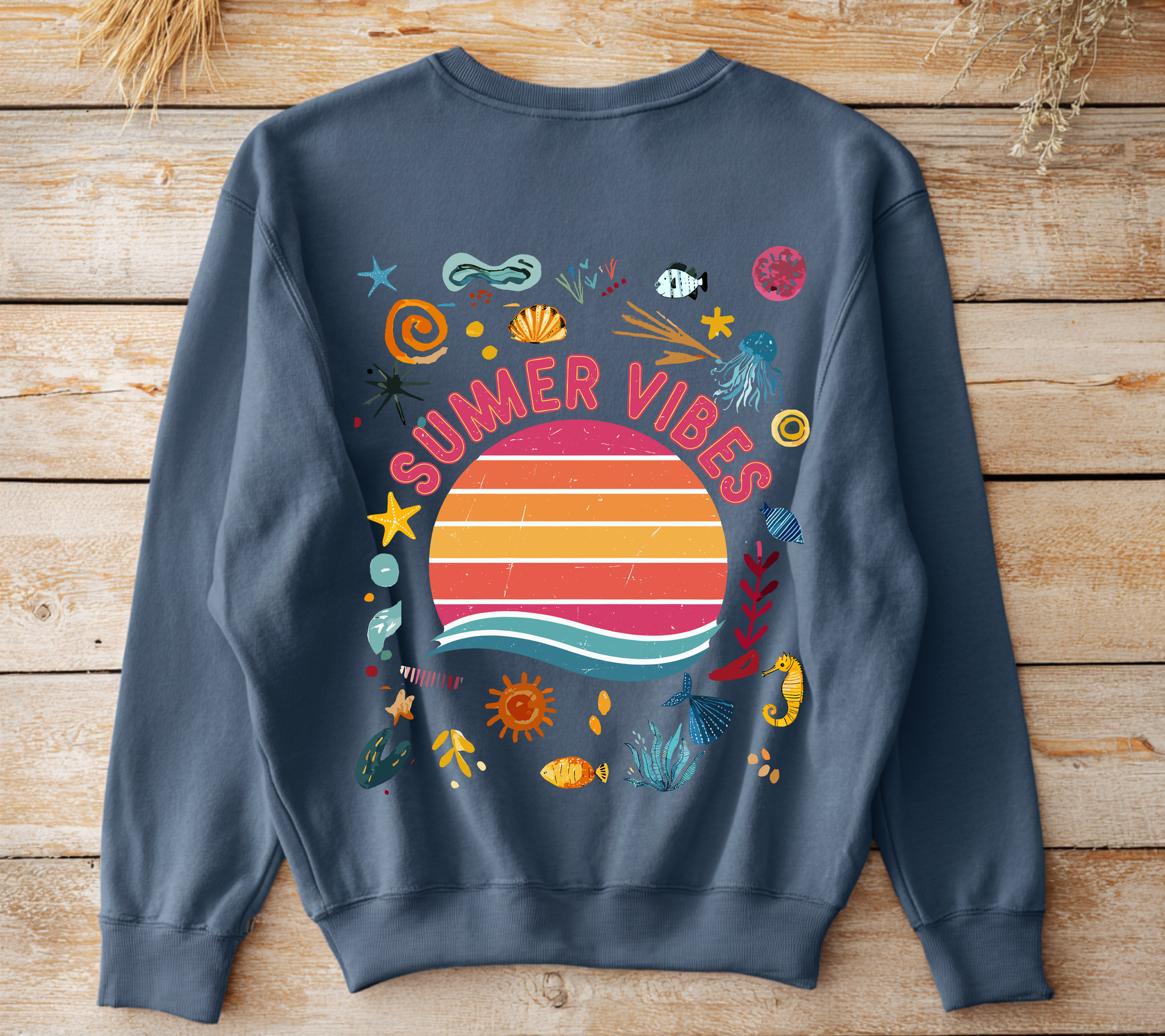 Summer Vibes Sweatshirt Happy design Retro inspired Sunset Graphic Crewneck