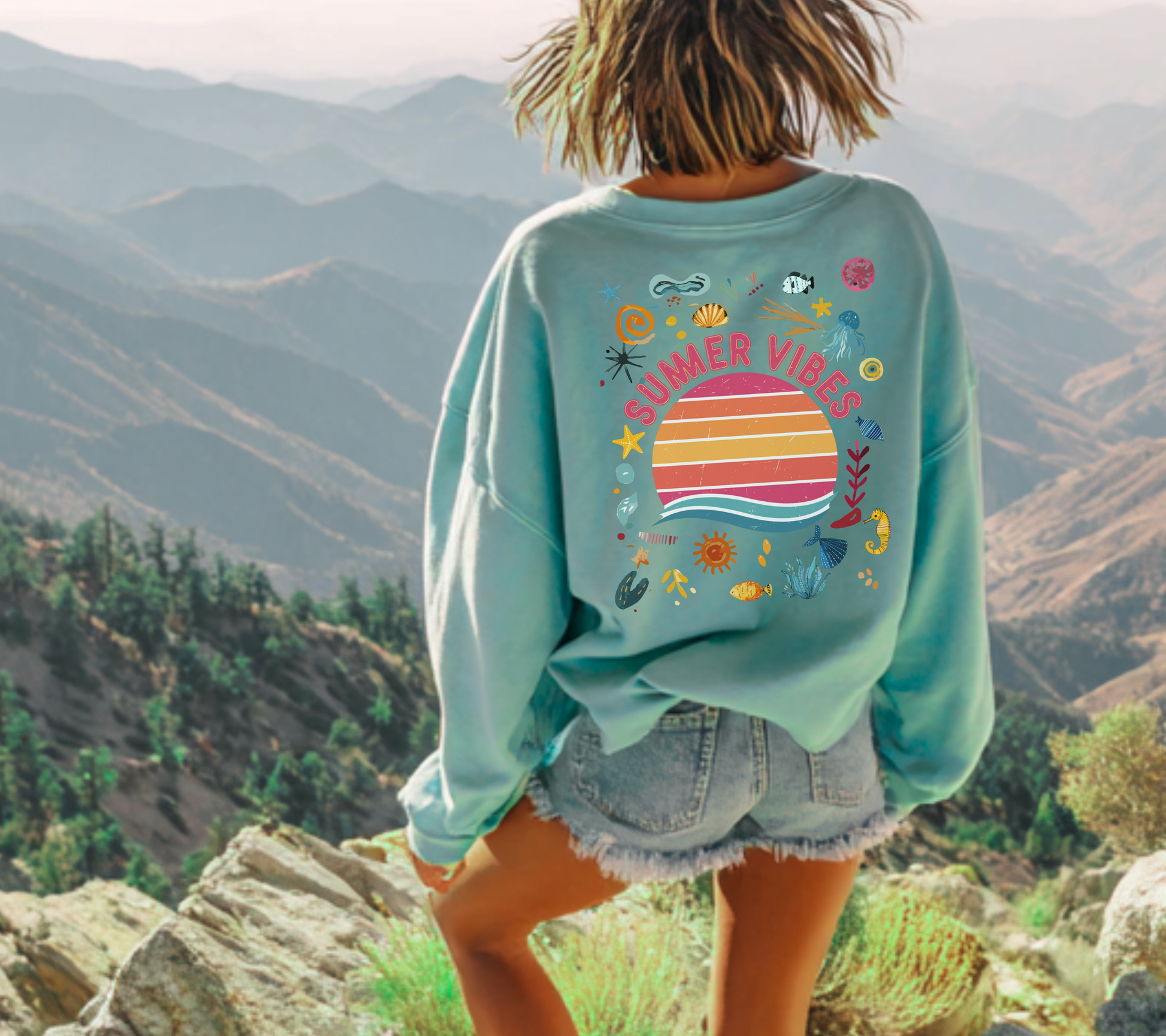 Summer Vibes Sweatshirt Happy design Retro inspired Sunset Graphic Crewneck