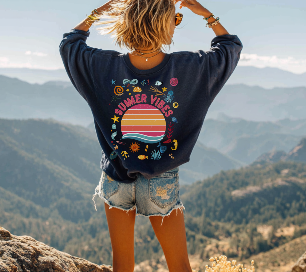 Summer Vibes Sweatshirt Happy design Retro inspired Sunset Graphic Crewneck