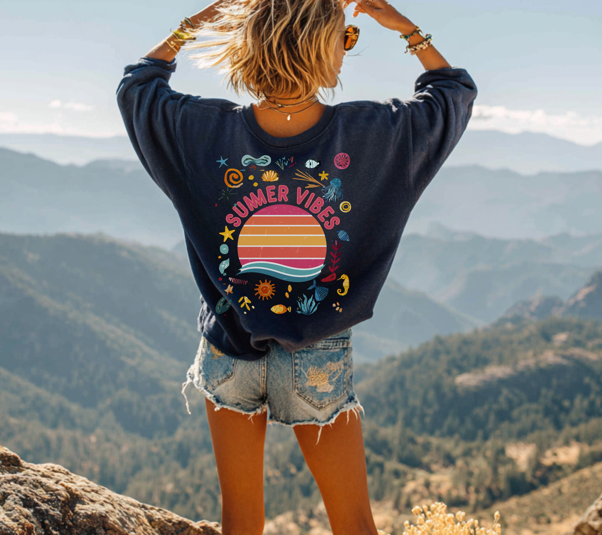 Summer Vibes Sweatshirt Happy design Retro inspired Sunset Graphic Crewneck