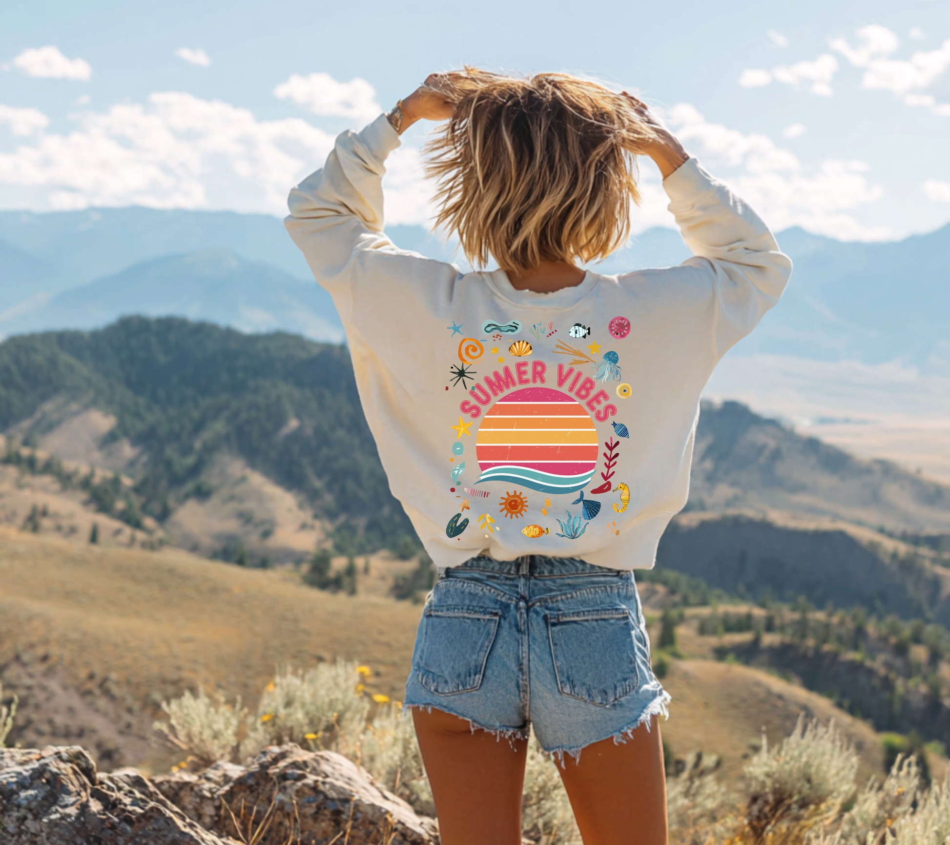 Summer Vibes Sweatshirt Happy design Retro inspired Sunset Graphic Crewneck