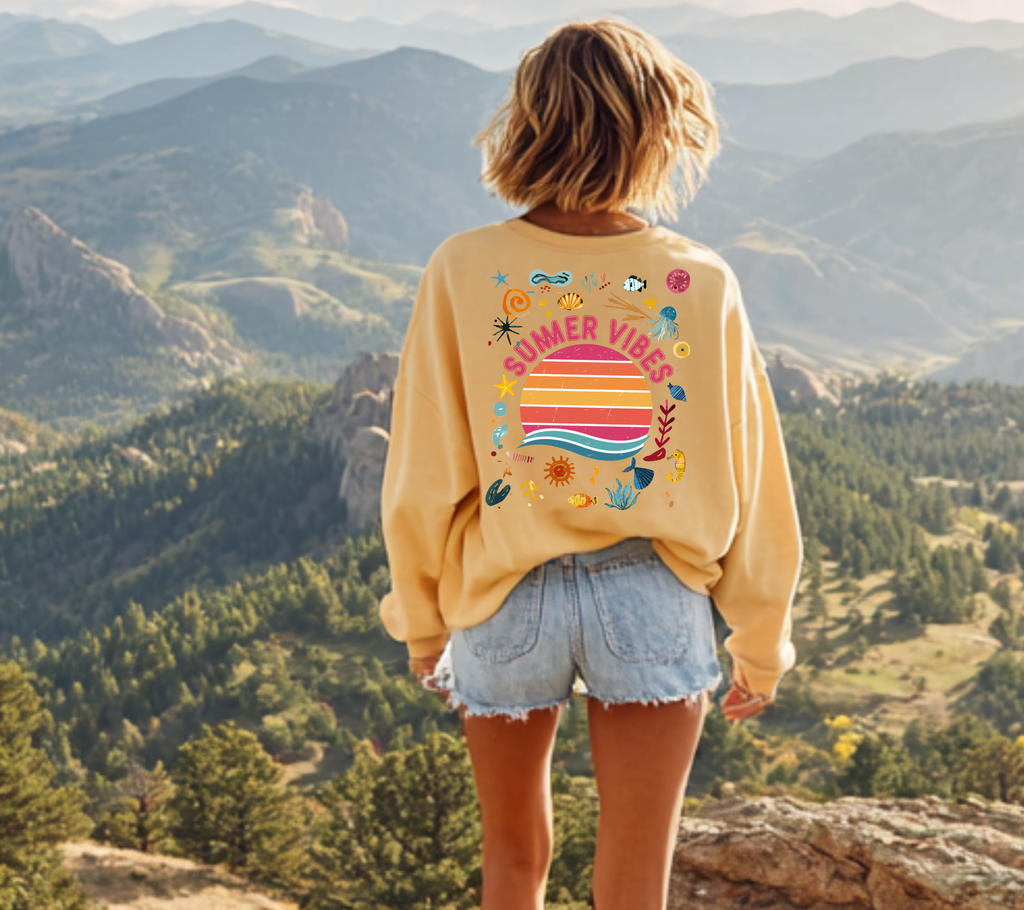 Summer Vibes Sweatshirt Happy design Retro inspired Sunset Graphic Crewneck