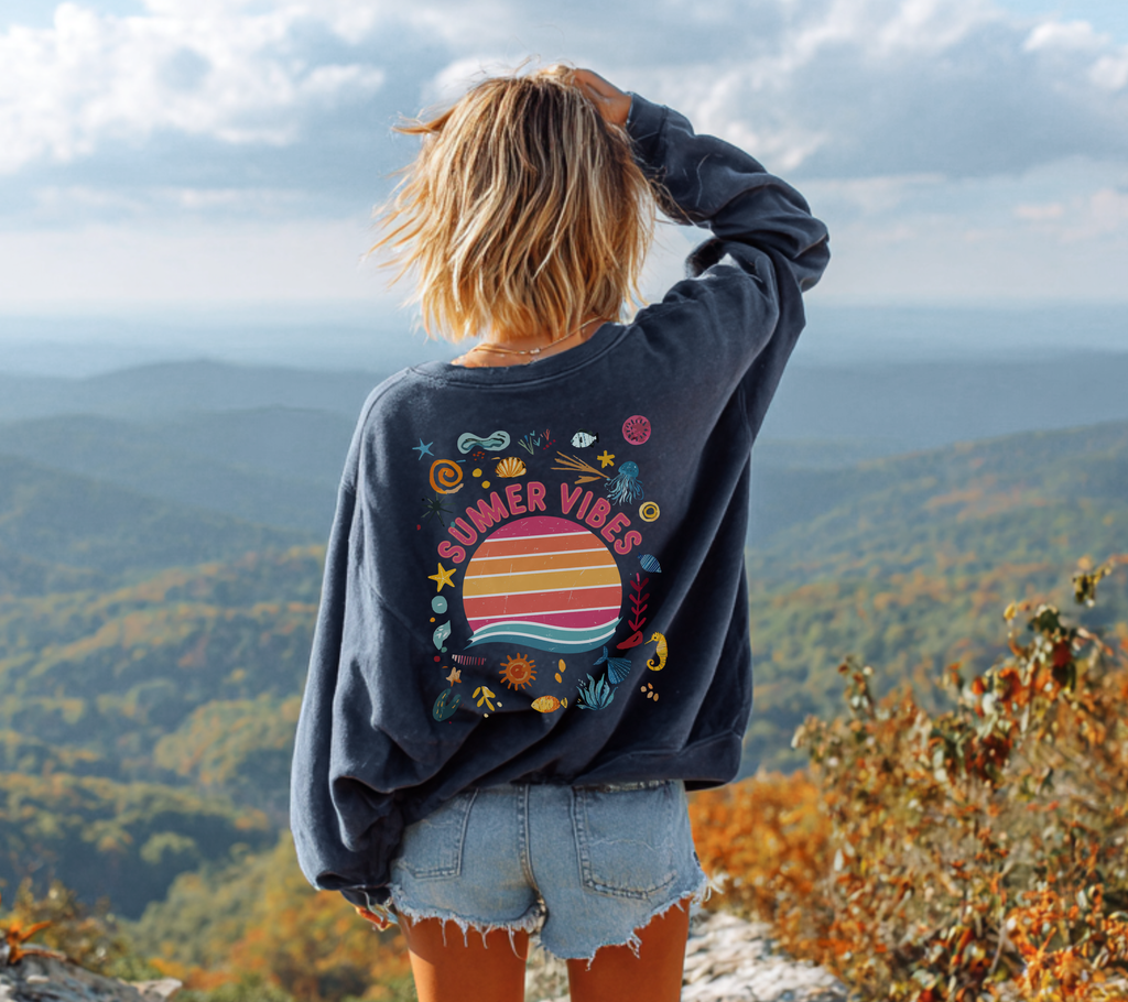 Summer Vibes Sweatshirt Happy design Retro inspired Sunset Graphic Crewneck