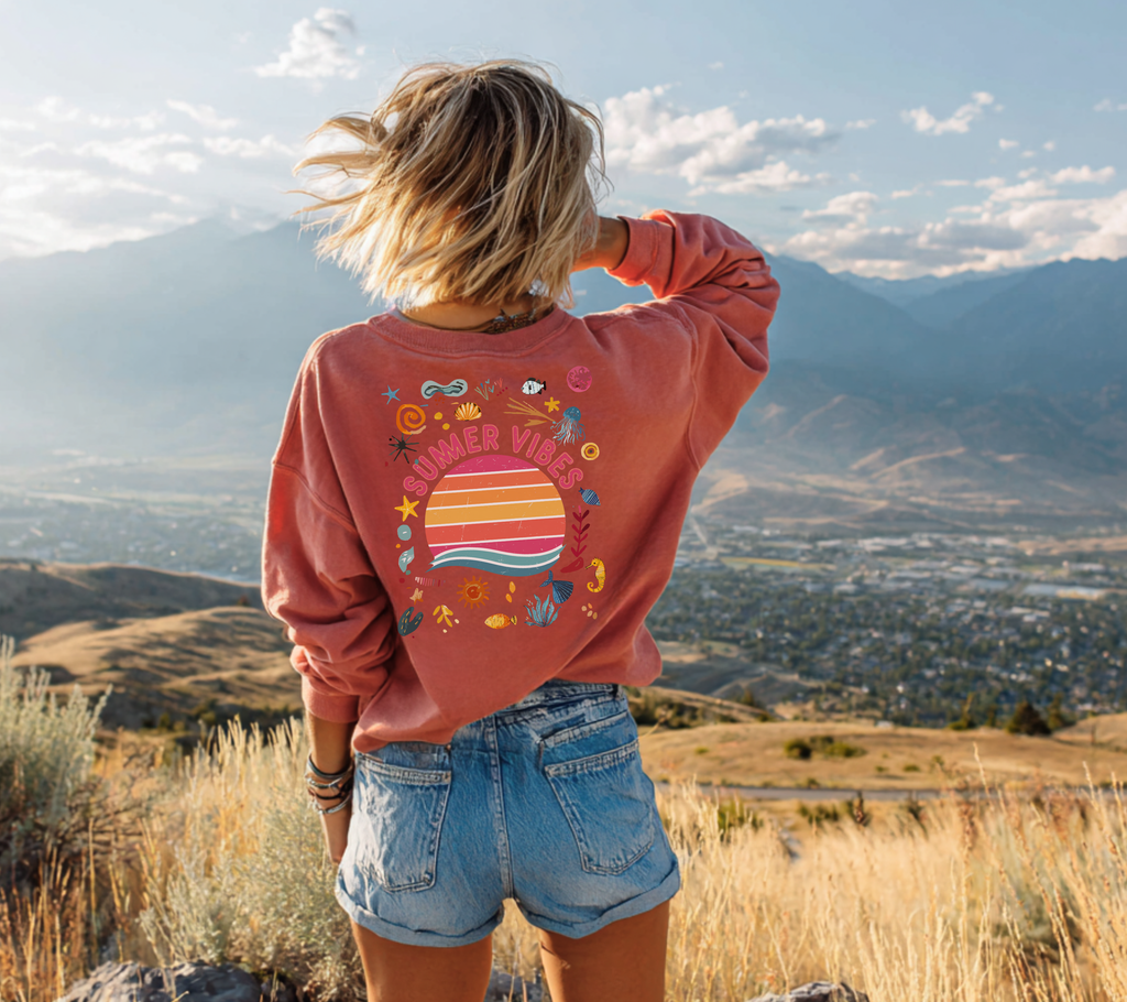 Summer Vibes Sweatshirt Happy design Retro inspired Sunset Graphic Crewneck