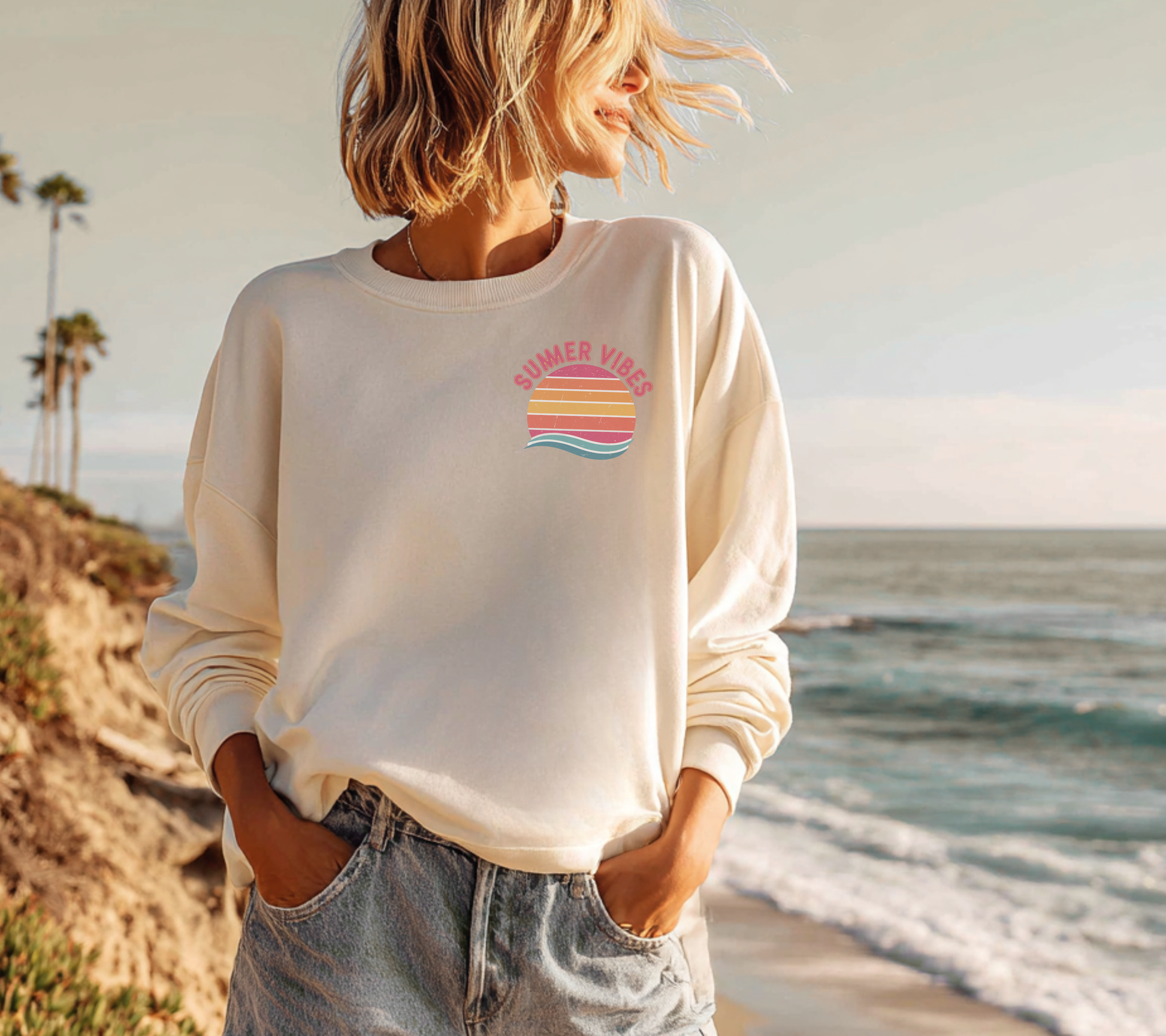 Summer Vibes Sweatshirt Happy design Retro inspired Sunset Graphic Crewneck