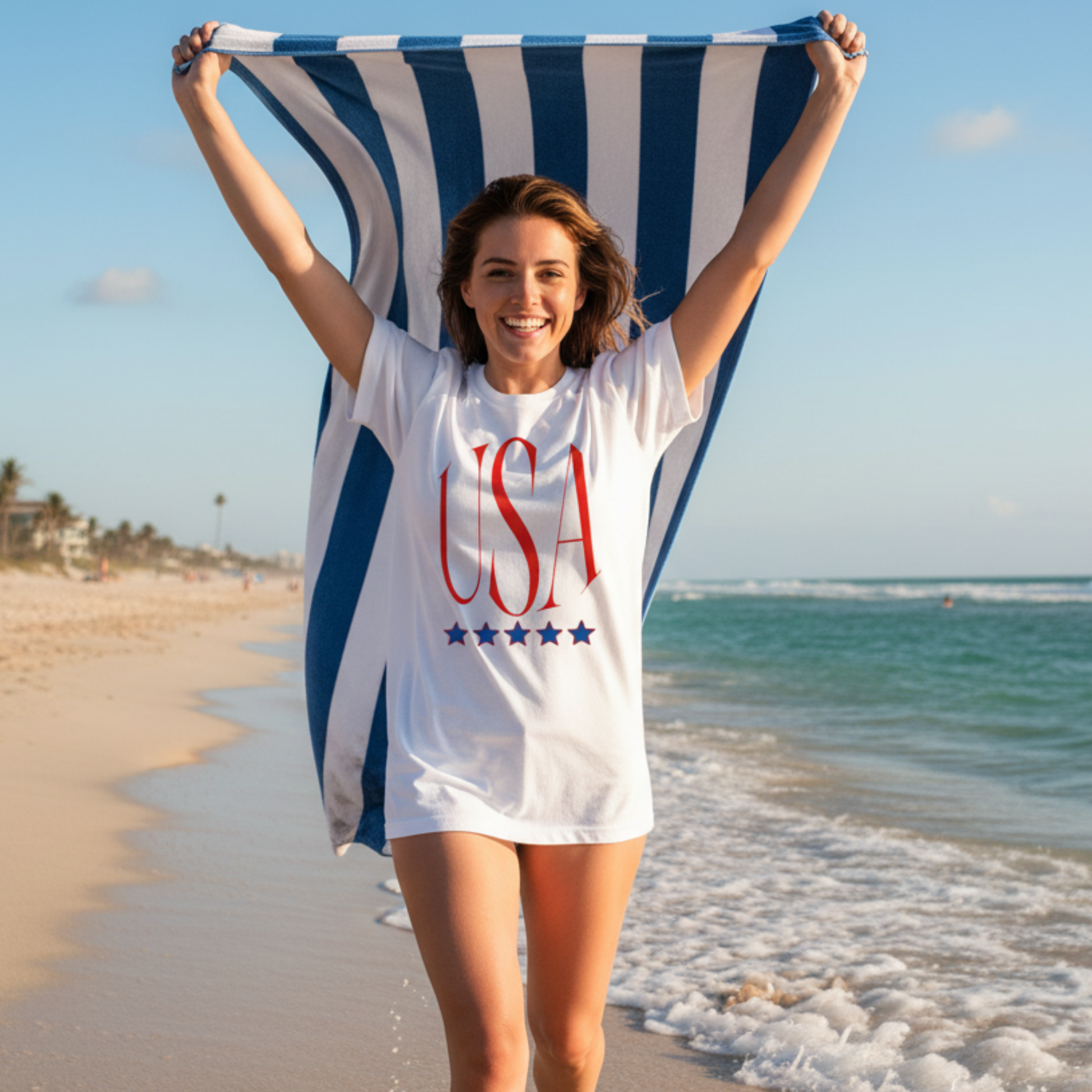 USA Patriotic T-Shirt — Red Script Logo with Five Blue Stars