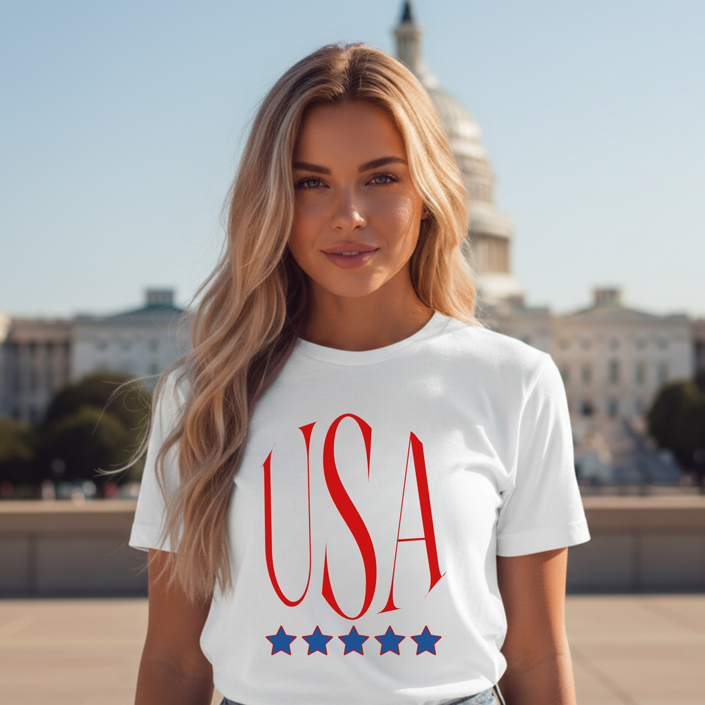 USA Patriotic T-Shirt — Red Script Logo with Five Blue Stars