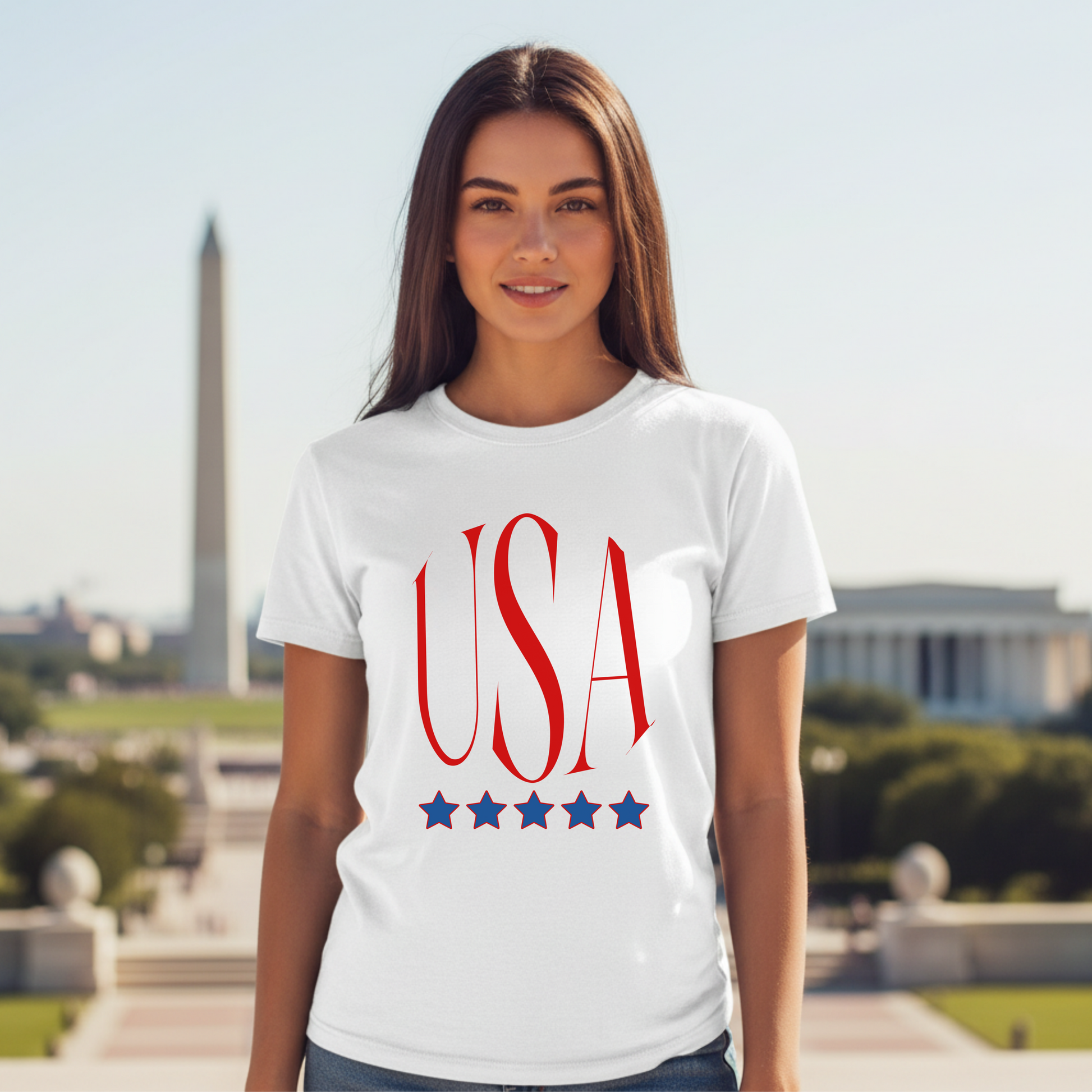 USA Patriotic T-Shirt — Red Script Logo with Five Blue Stars