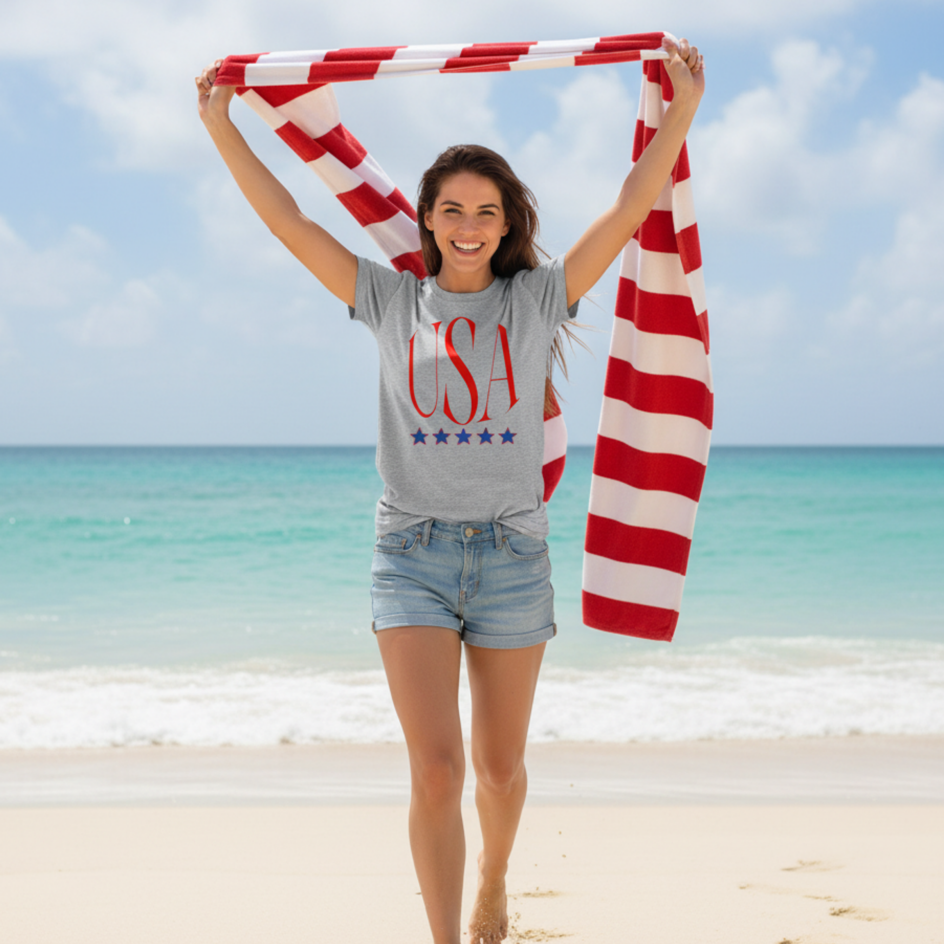 USA Patriotic T-Shirt — Red Script Logo with Five Blue Stars