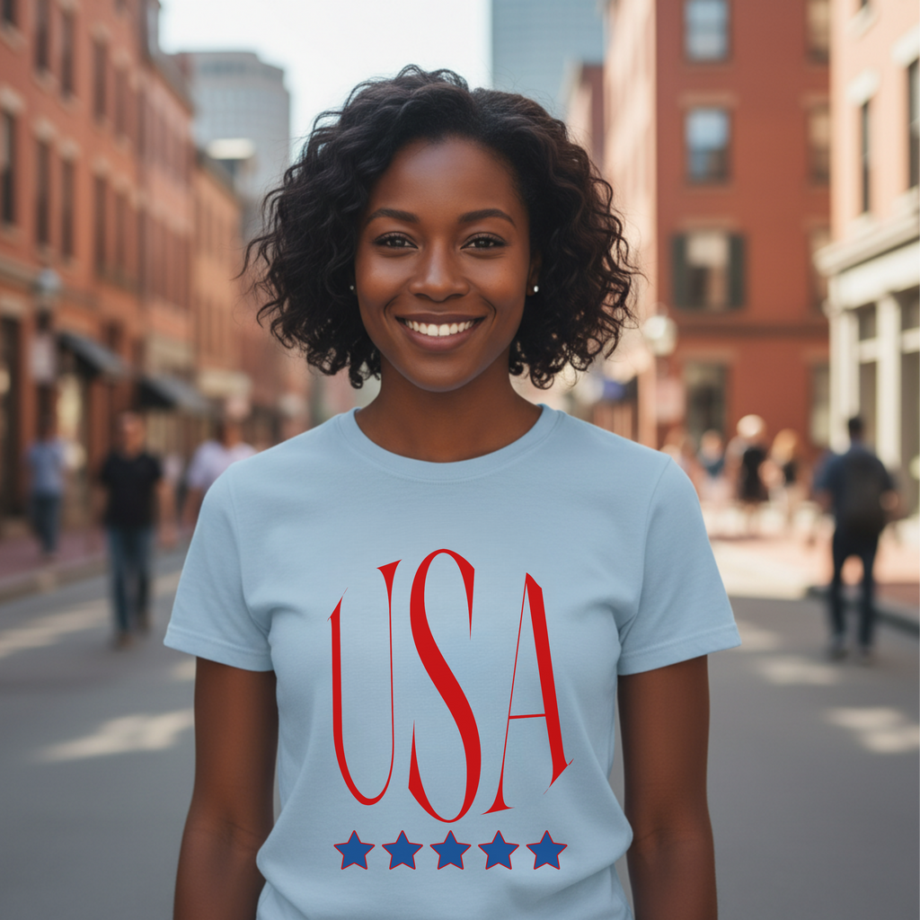 USA Patriotic T-Shirt — Red Script Logo with Five Blue Stars
